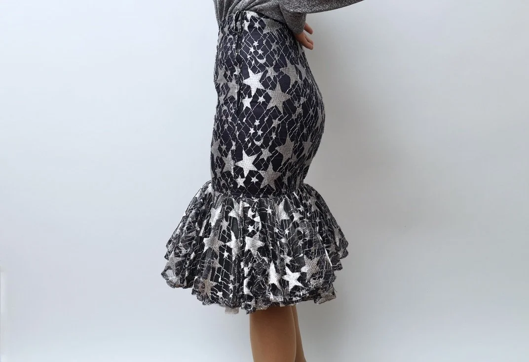 F/W 1986 Chantal Thomass midnight blue silver thread star lace tulle skirt