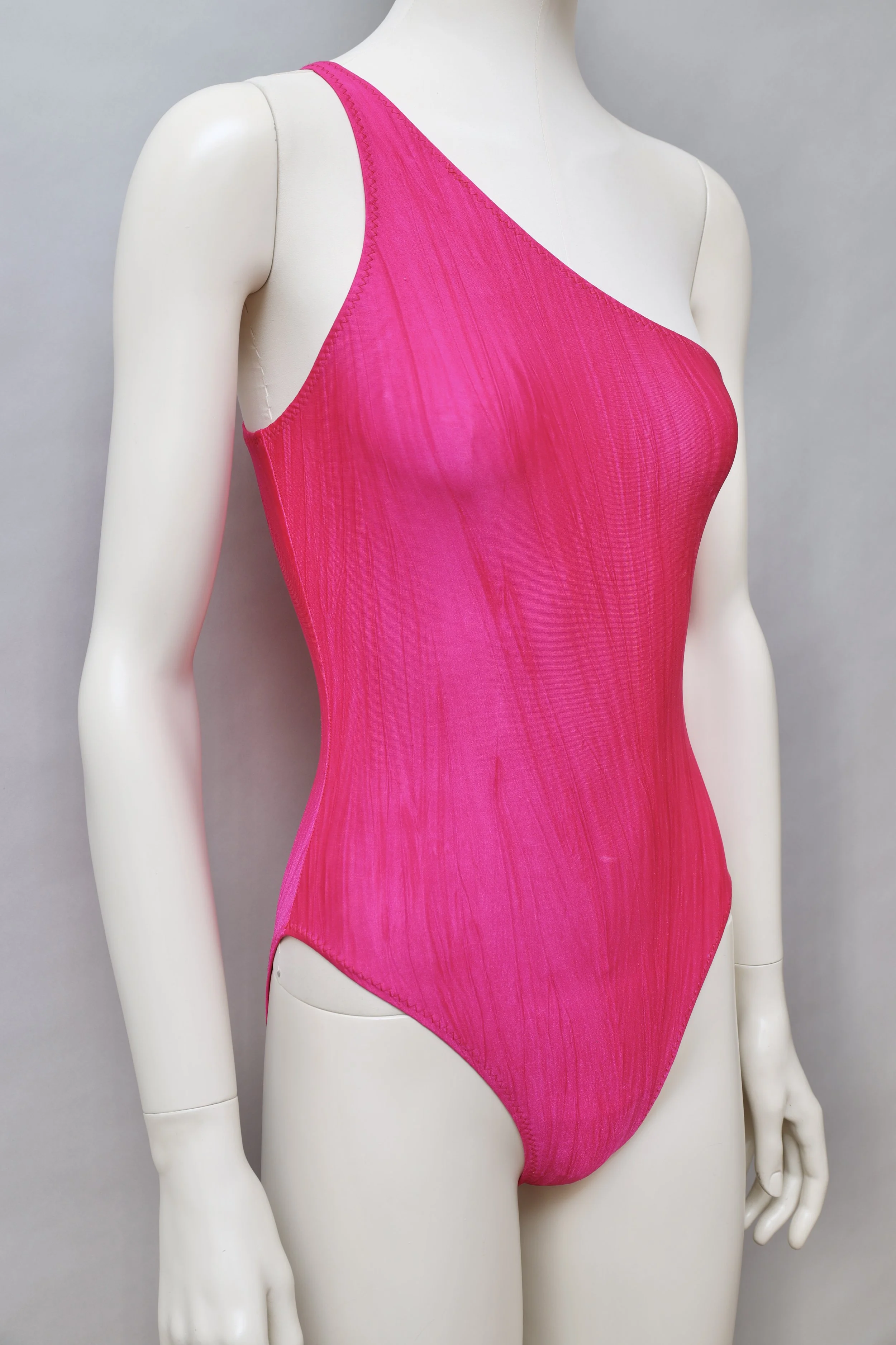 1990s OMO Norma Kamali hot pink one shoulder swimsuit