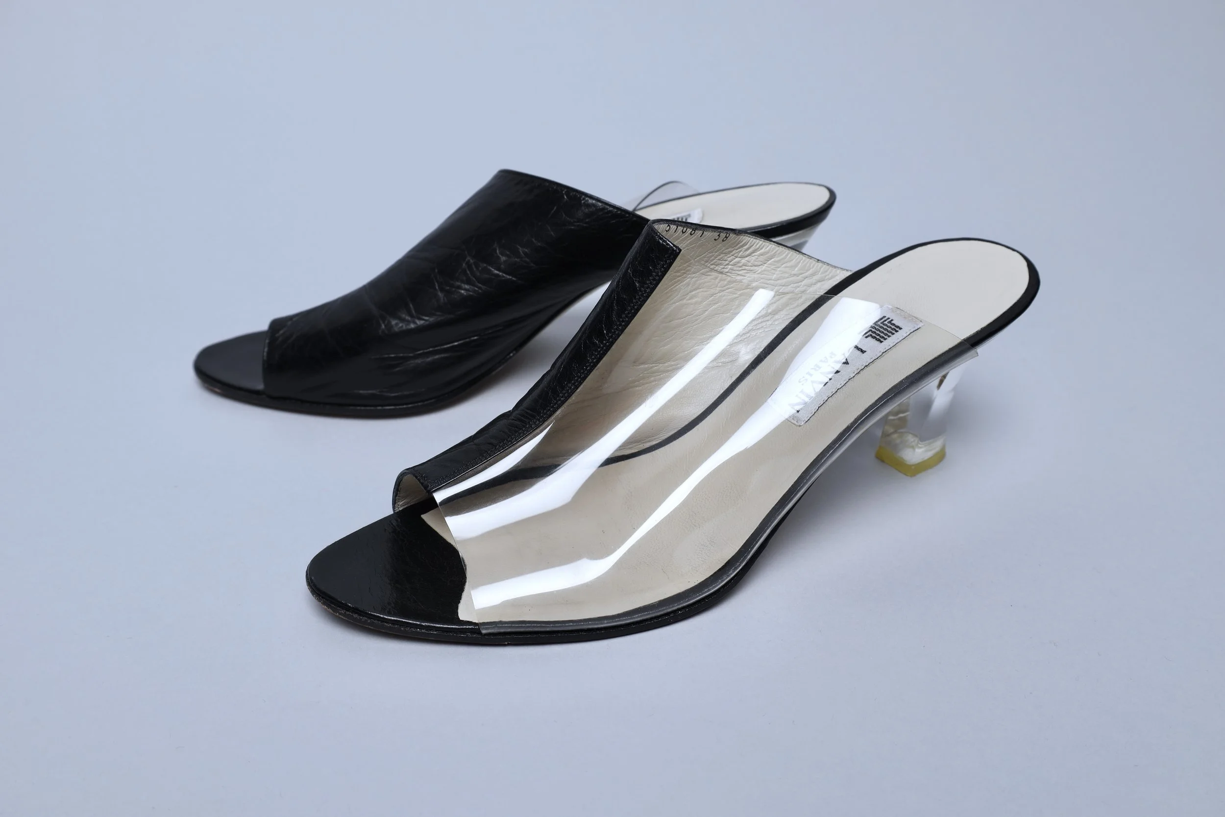 1980s Lanvin vinyl and leather lucite heel slip on sandals