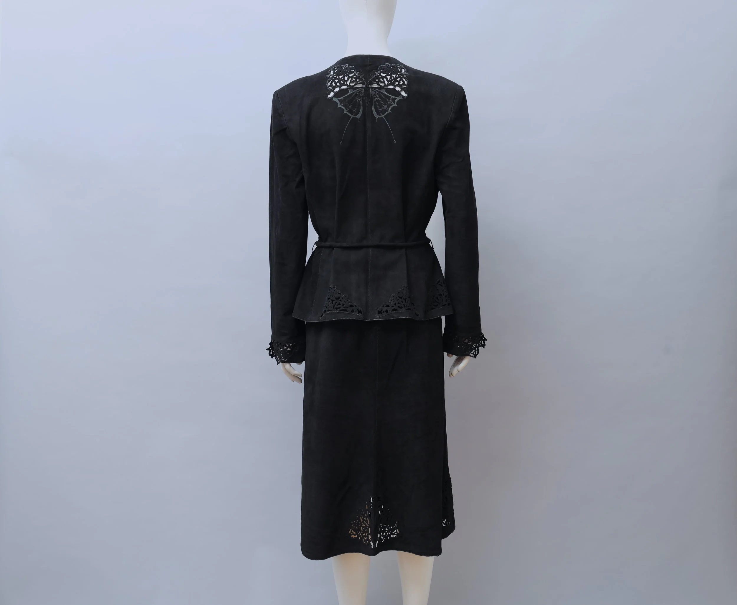 1970s Roberto Cavalli black butterfly laser cut suede ensemble