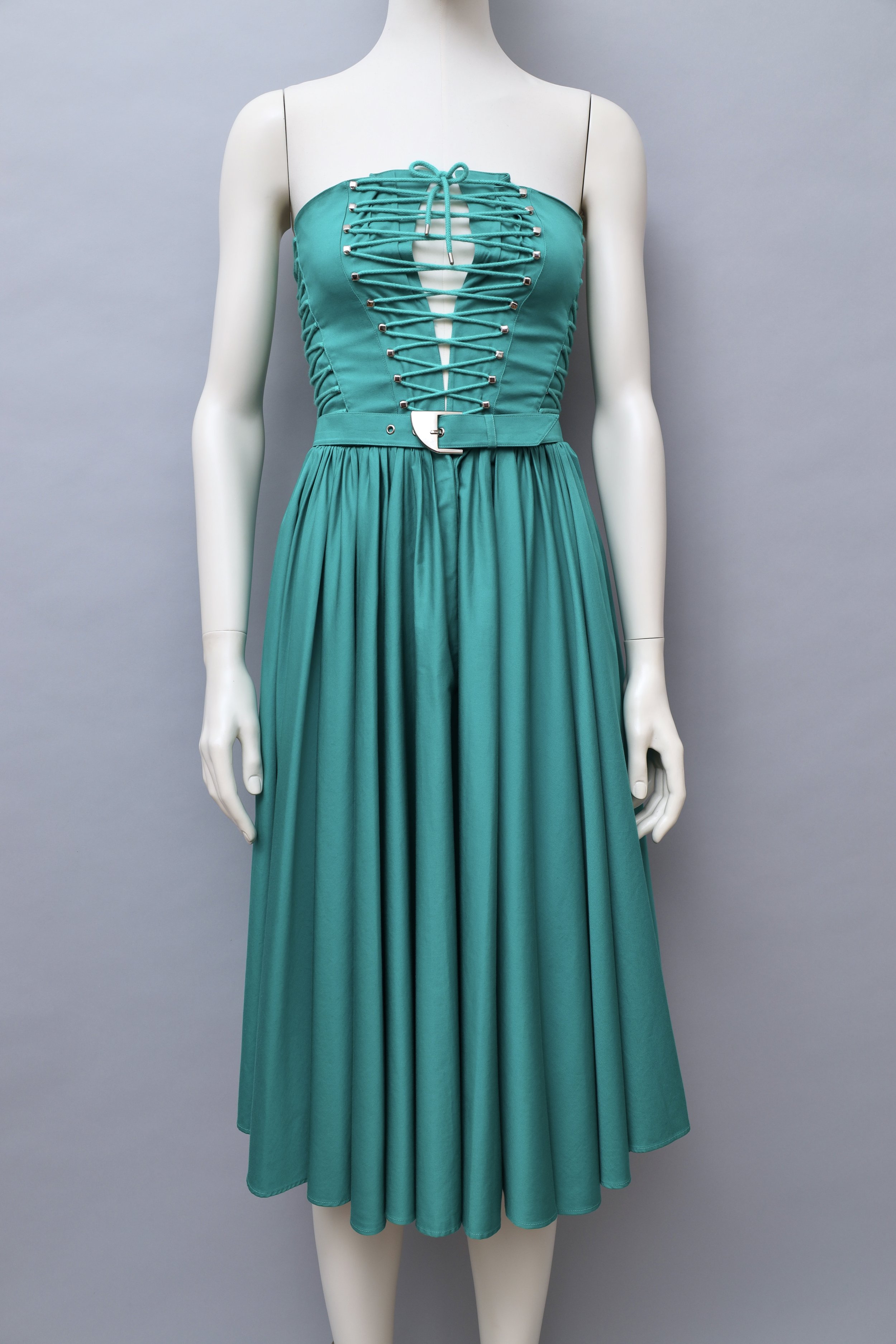 S/S 1987 Thierry Mugler teal lace up dress