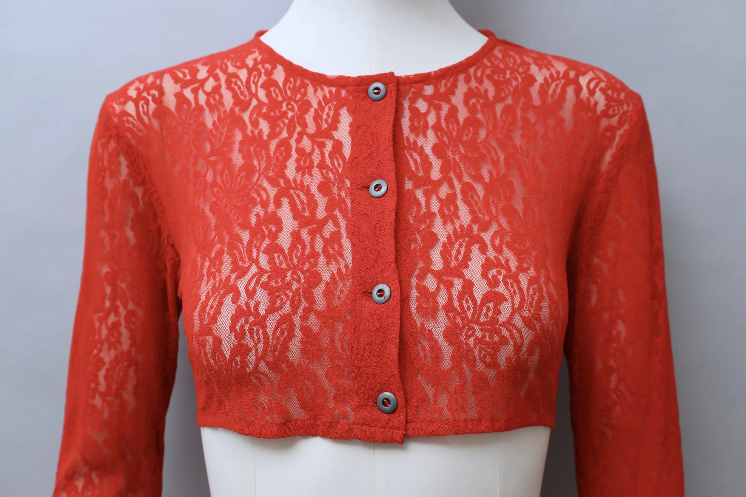 S/S 1985 Jean Paul Gaultier bright red lace cropped cardigan