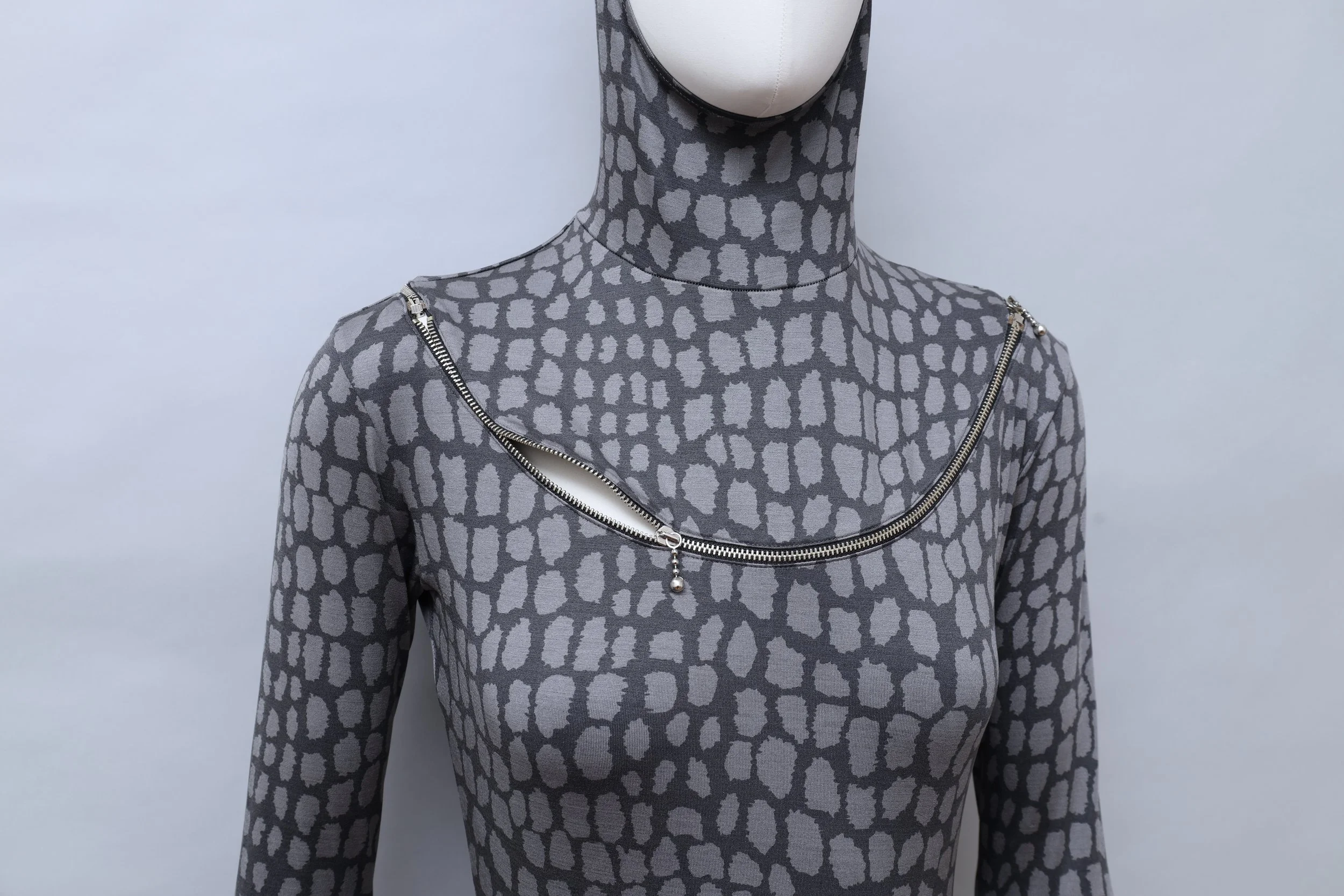F/W 1992 Chantal Thomass gray crocodile print zip hooded bodysuit