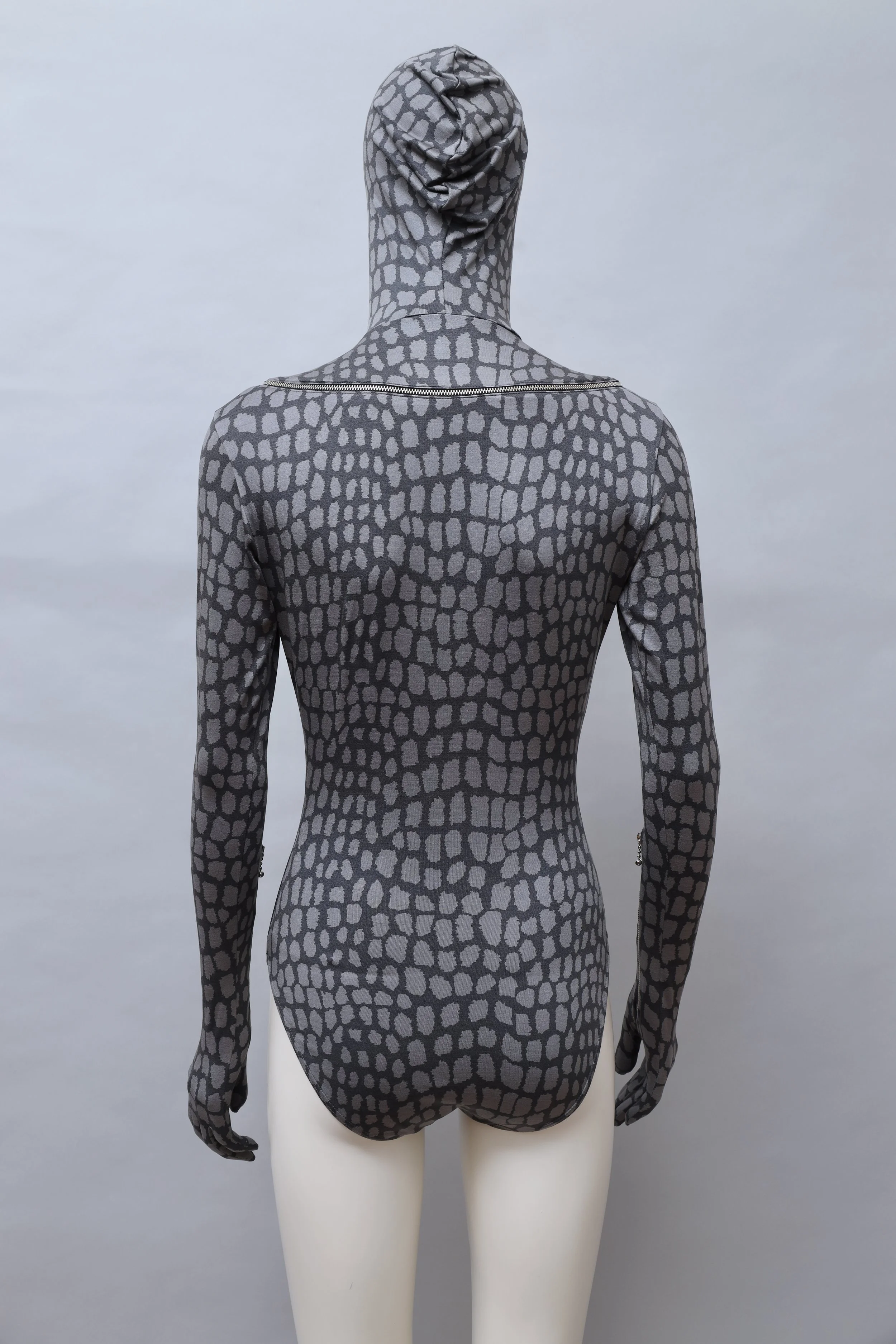 F/W 1992 Chantal Thomass gray crocodile print zip hooded bodysuit