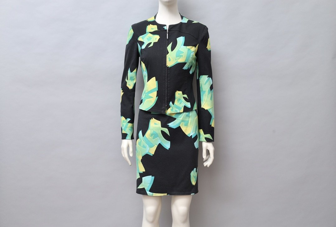 late 2000s Mugler green 2D graffiti print ensemble