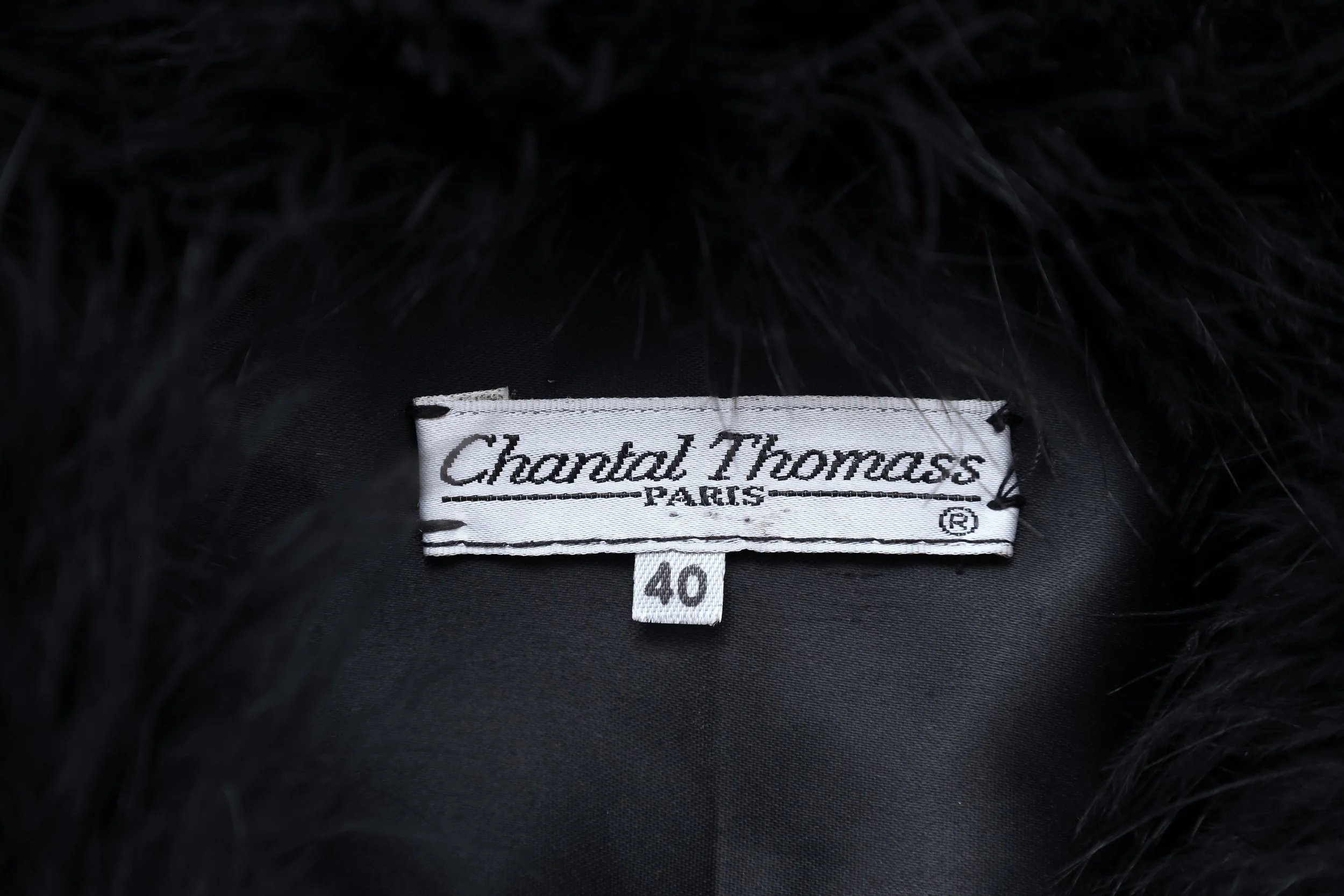 1990s Chantal Thomass black marabou feather bolero label tag