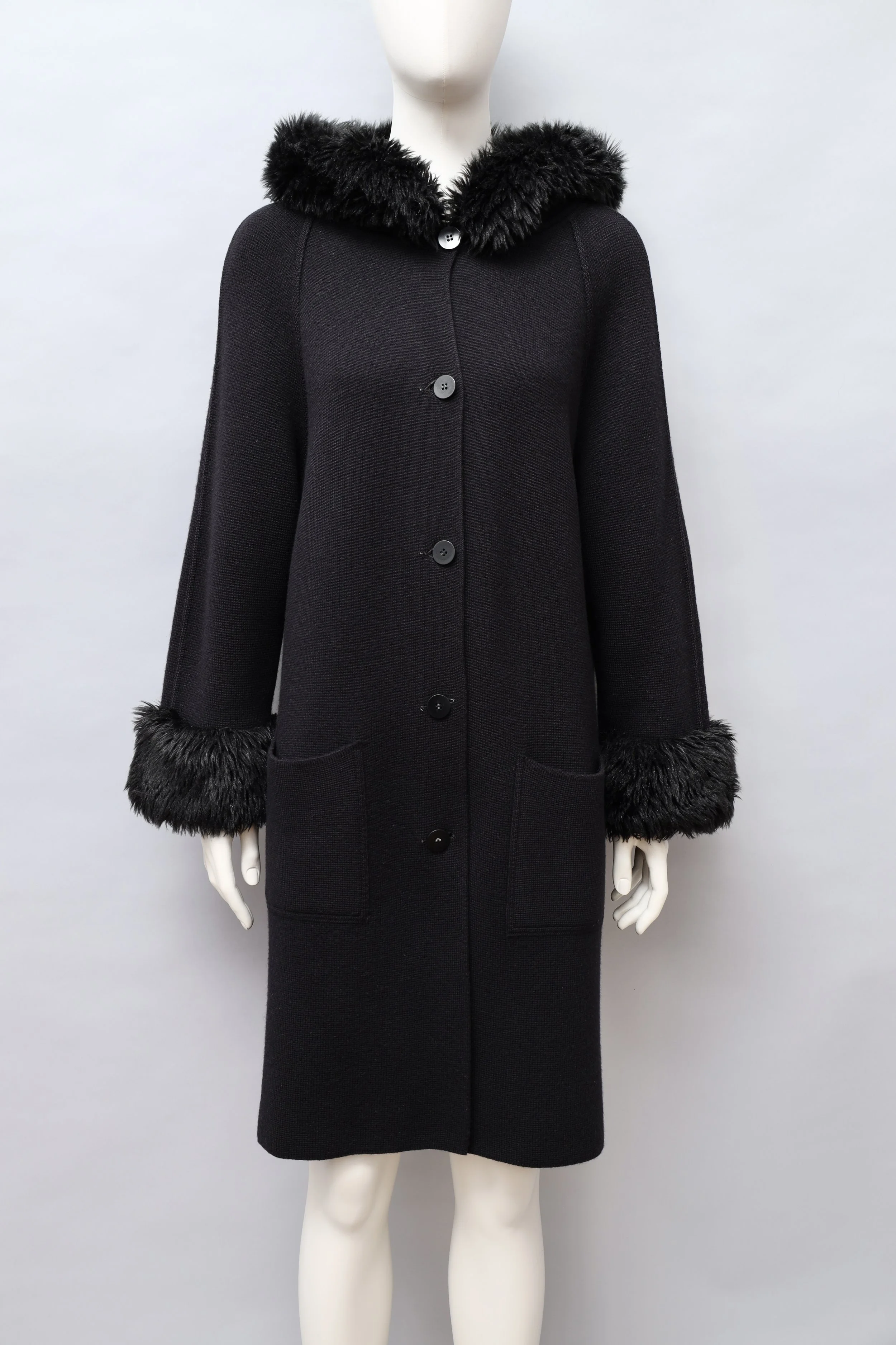 1980s Arlette Nastat black wool blend hooded coat with faux fur trim