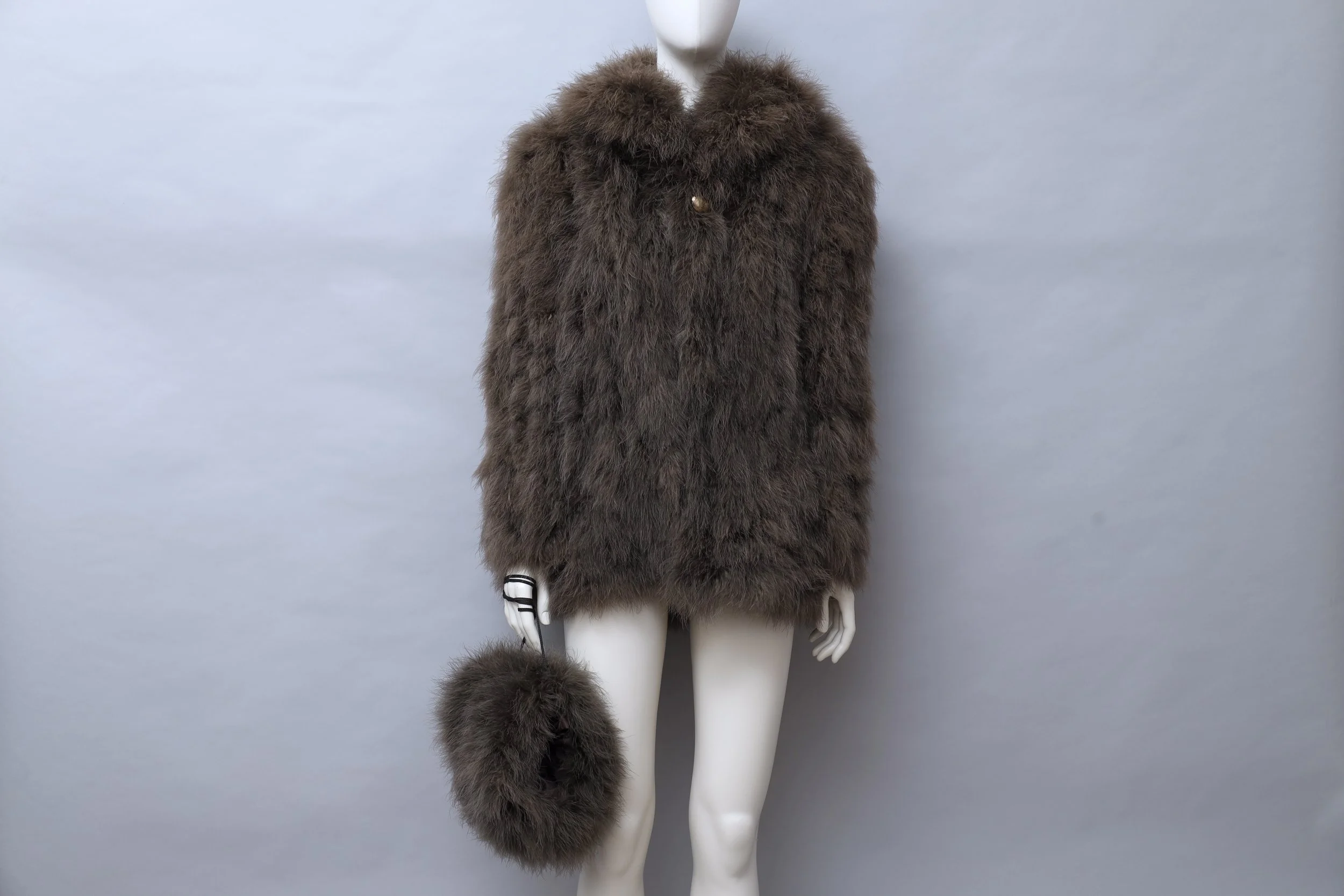 early 1980s Chantal Thomass taupe marabou feather coat and handwarmer