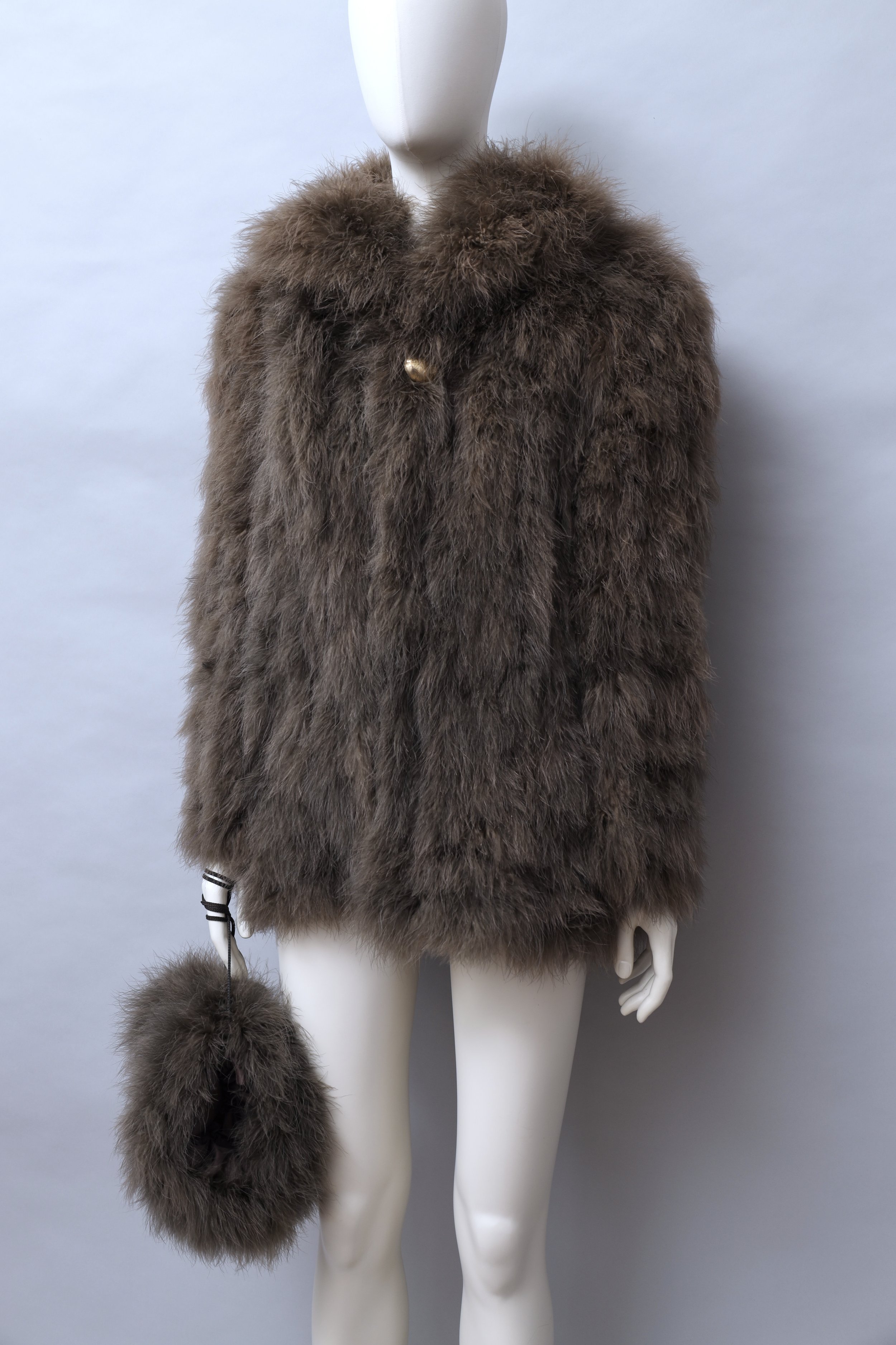 early 1980s Chantal Thomass taupe marabou feather coat and handwarmer