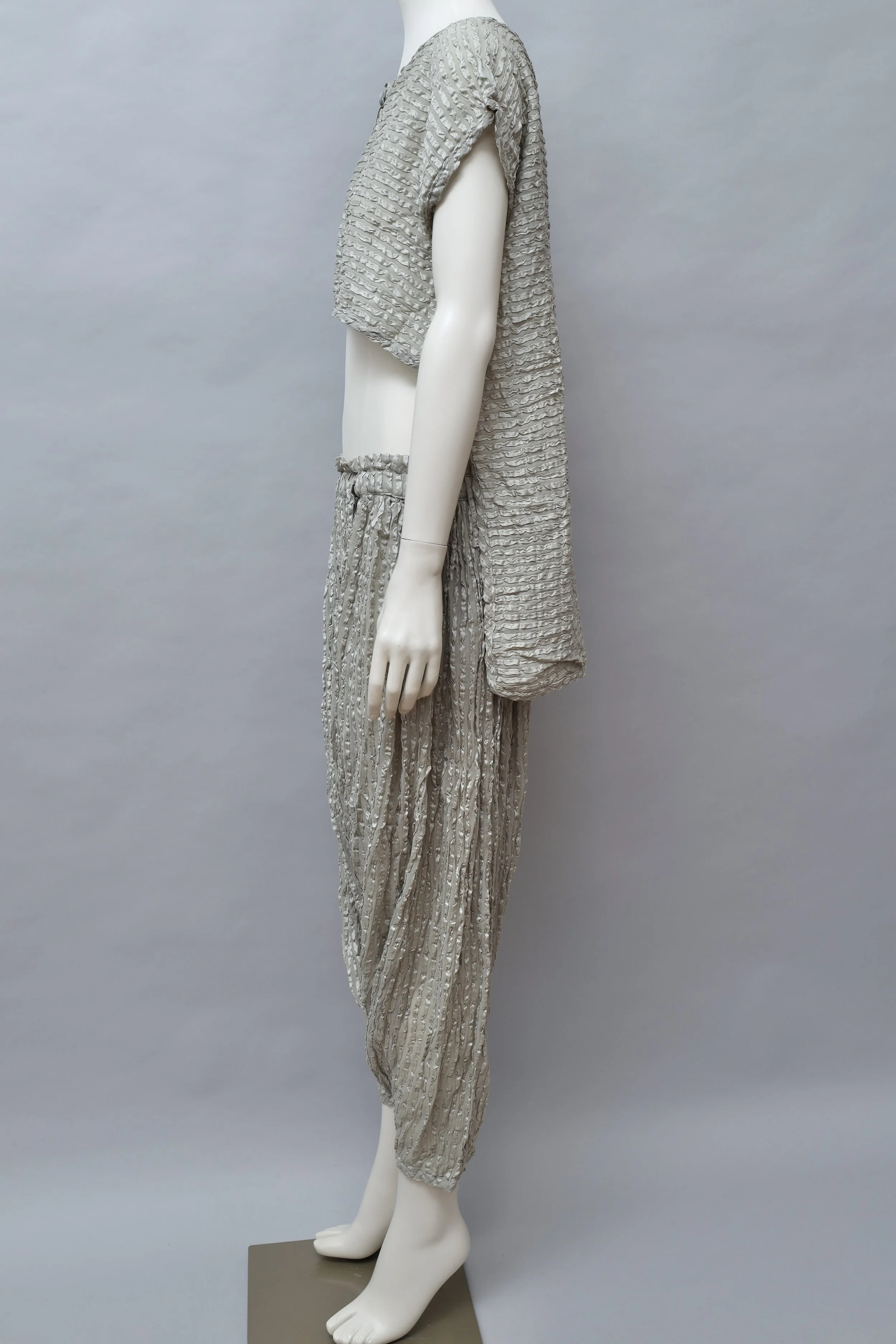 1980s Chantal Thomass gray crinkled silk top and balloon pant ensemble
