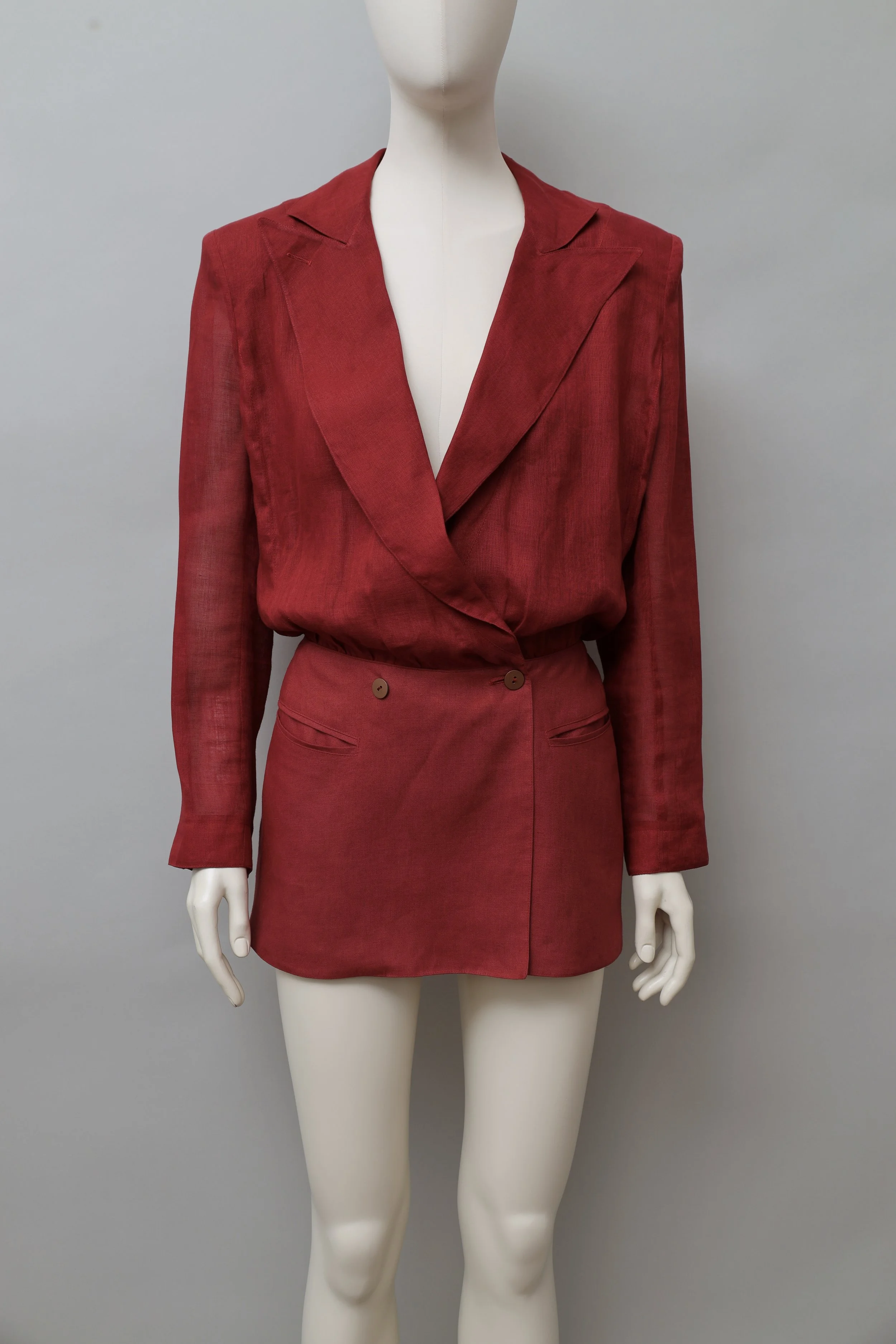 S/S 1990 Claude Montana crimson red linen ensemble