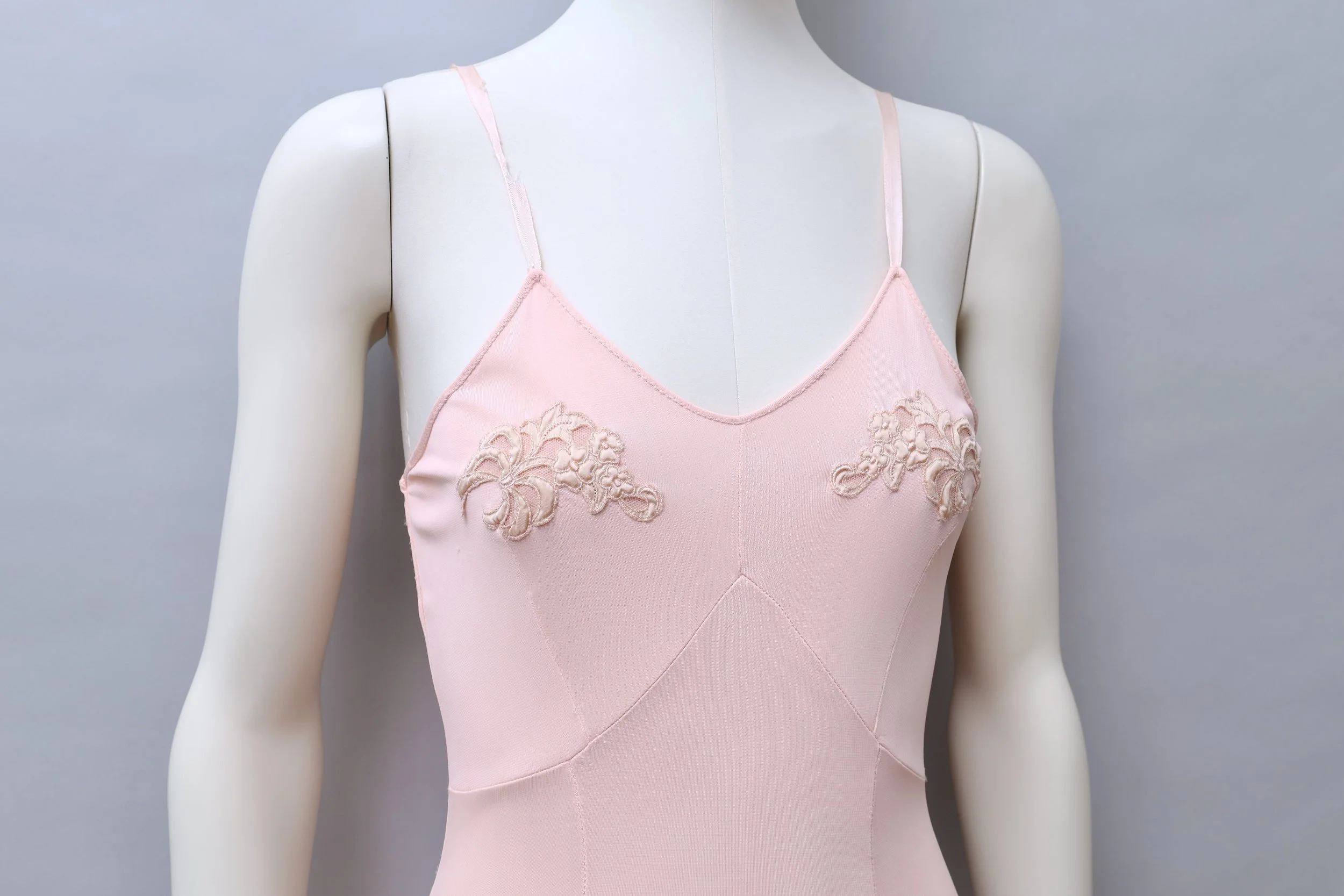 1960s vintage French peach floral appliqué rayon slip dress