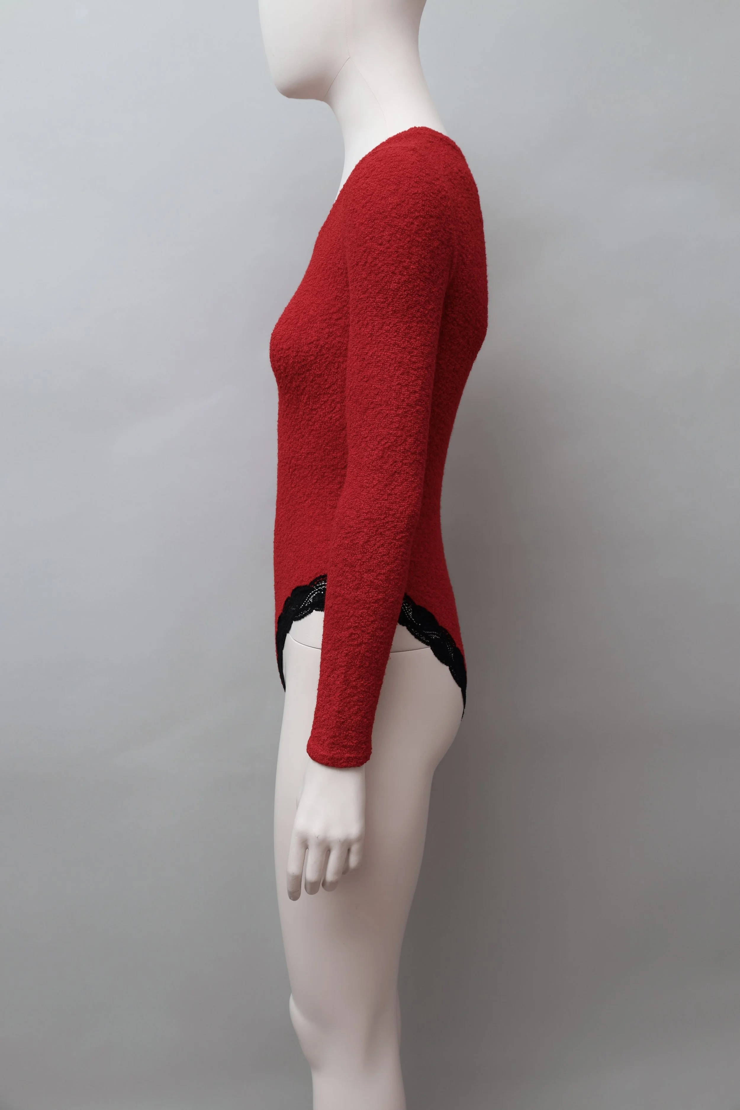 1990s Georges Rech red terry and black lace trim bodysuit