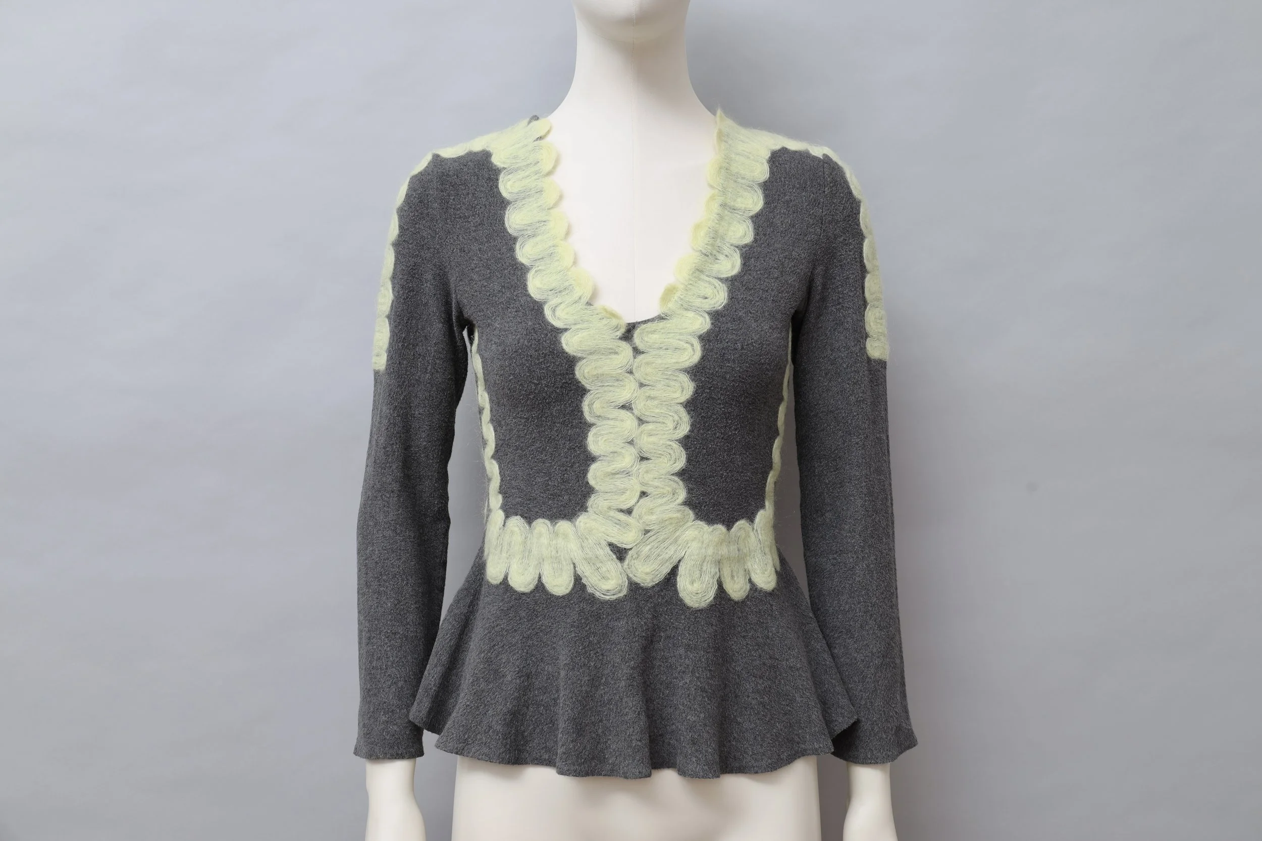 2000s Yoshiki Hishinuma gray fleece and pale yellow mohair embroidery peplum top