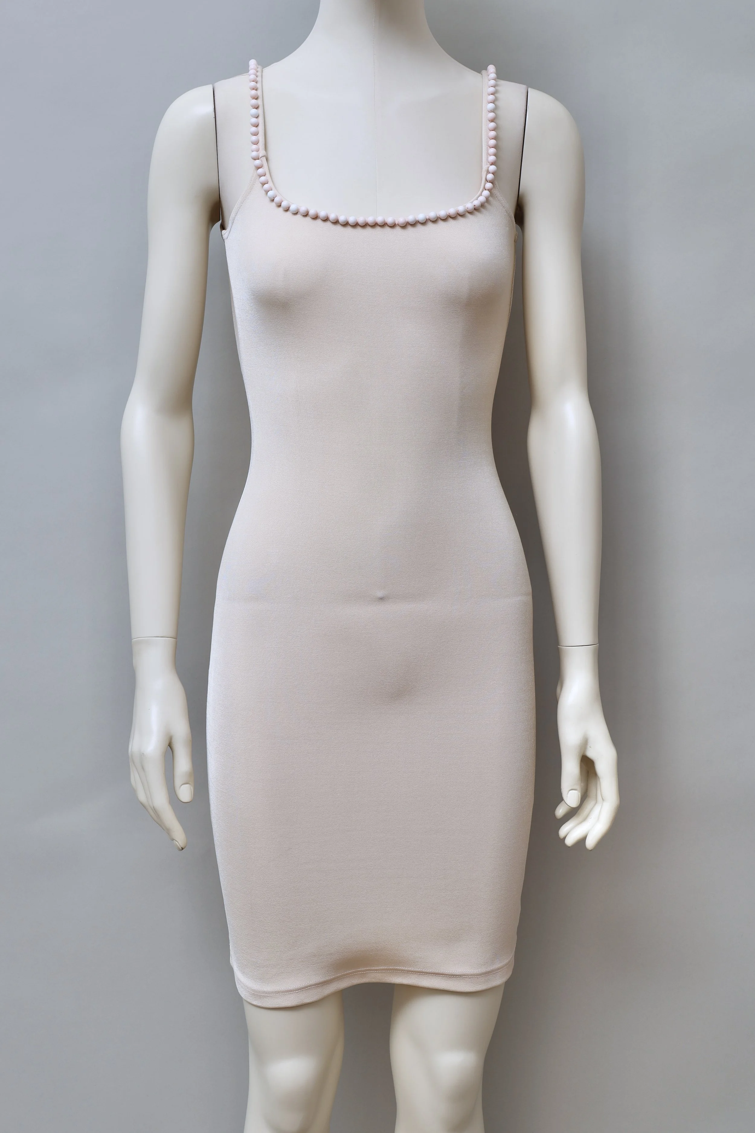 1990s Liza Bruce light peach pearl embellished stretch dress