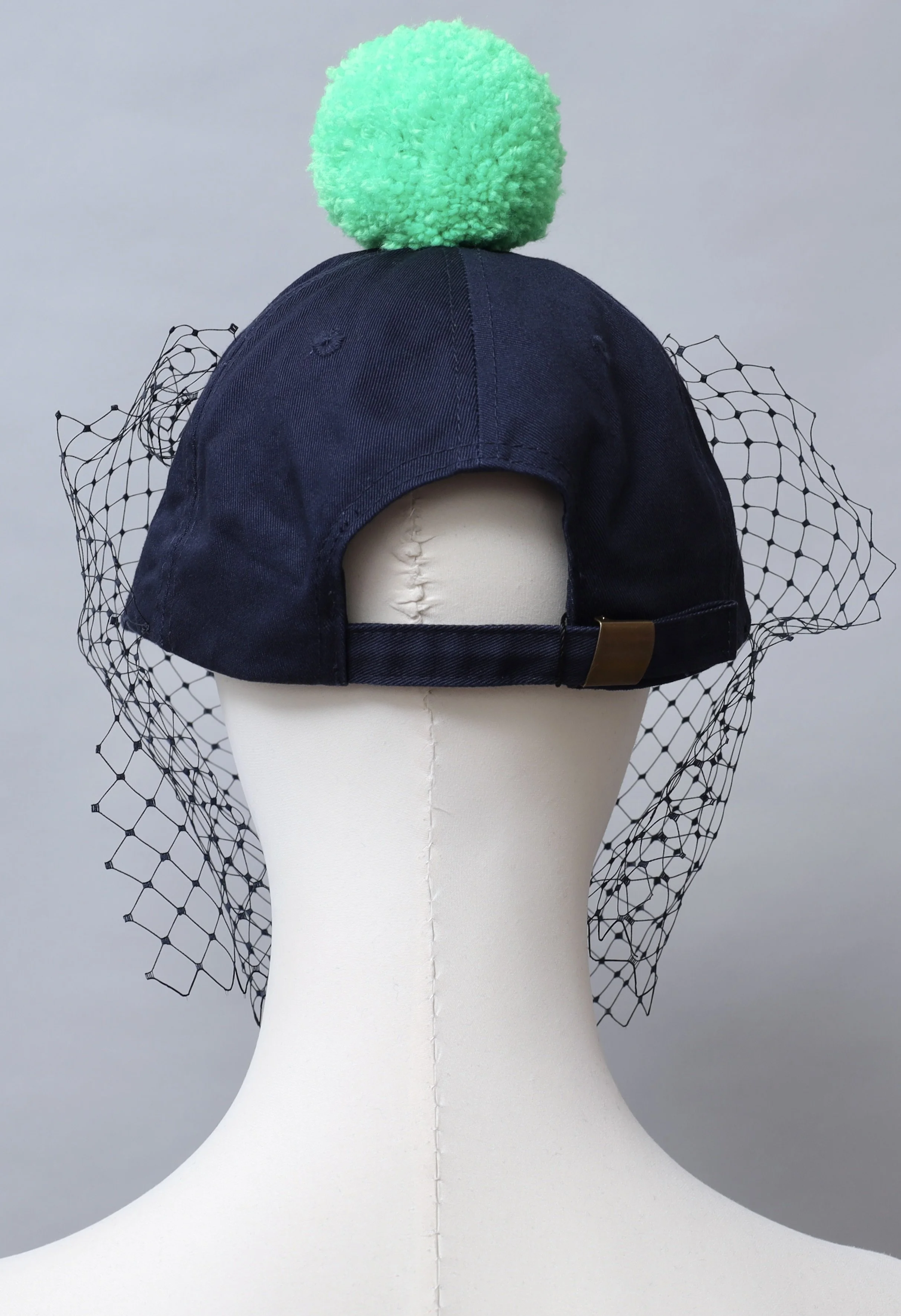 S/S 2016 Piers Atkinson navy blue veil baseball cap with acid green pom pom
