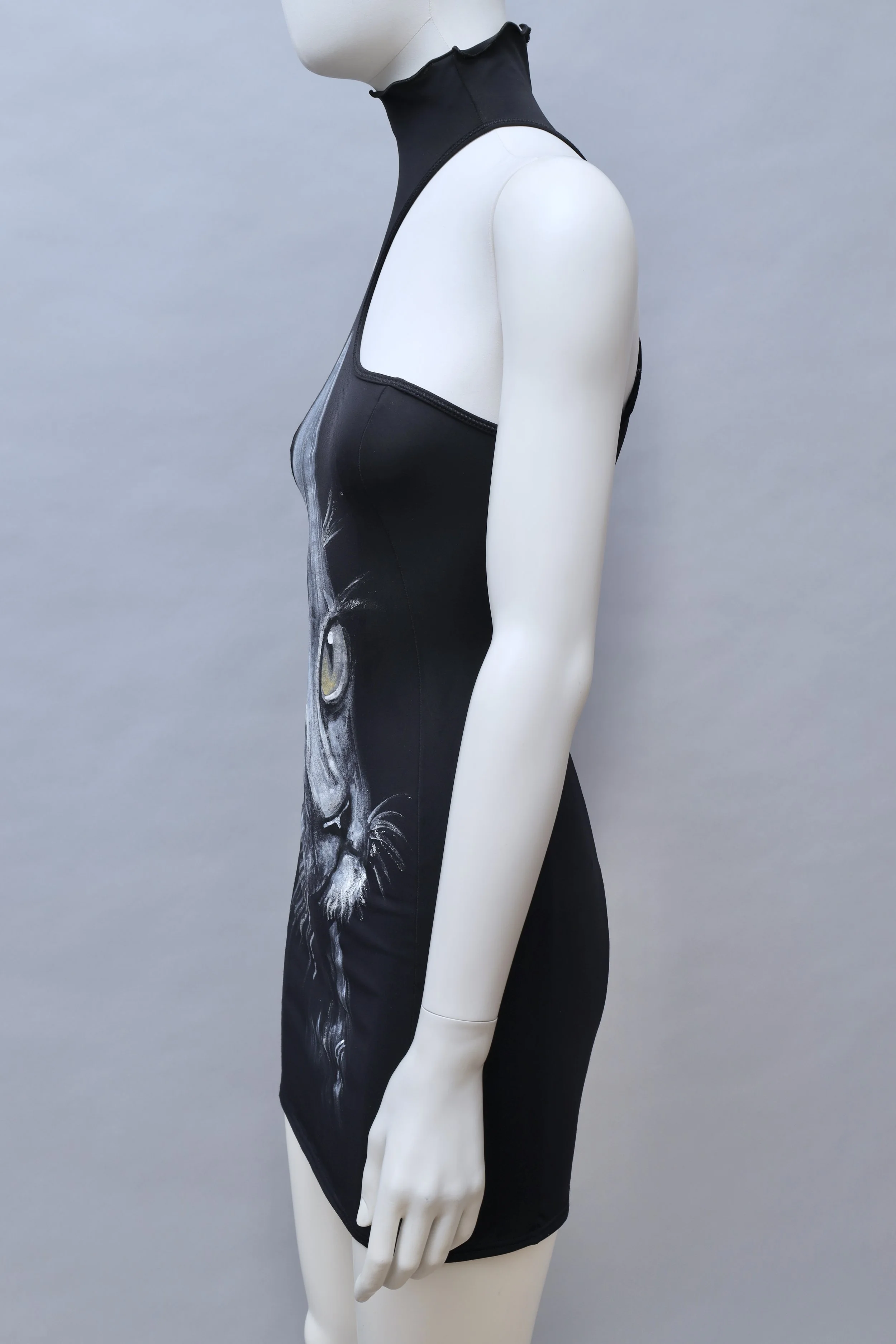 2000s Omar Piragino turtleneck black cat print dress