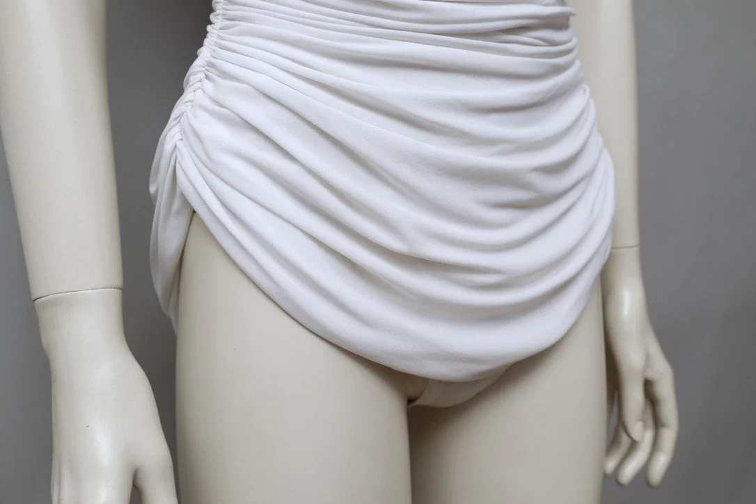 1980s Norma Kamali ruched white cascade bodysuit detail
