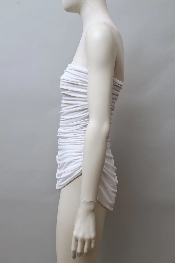 1980s Norma Kamali ruched white cascade bodysuit