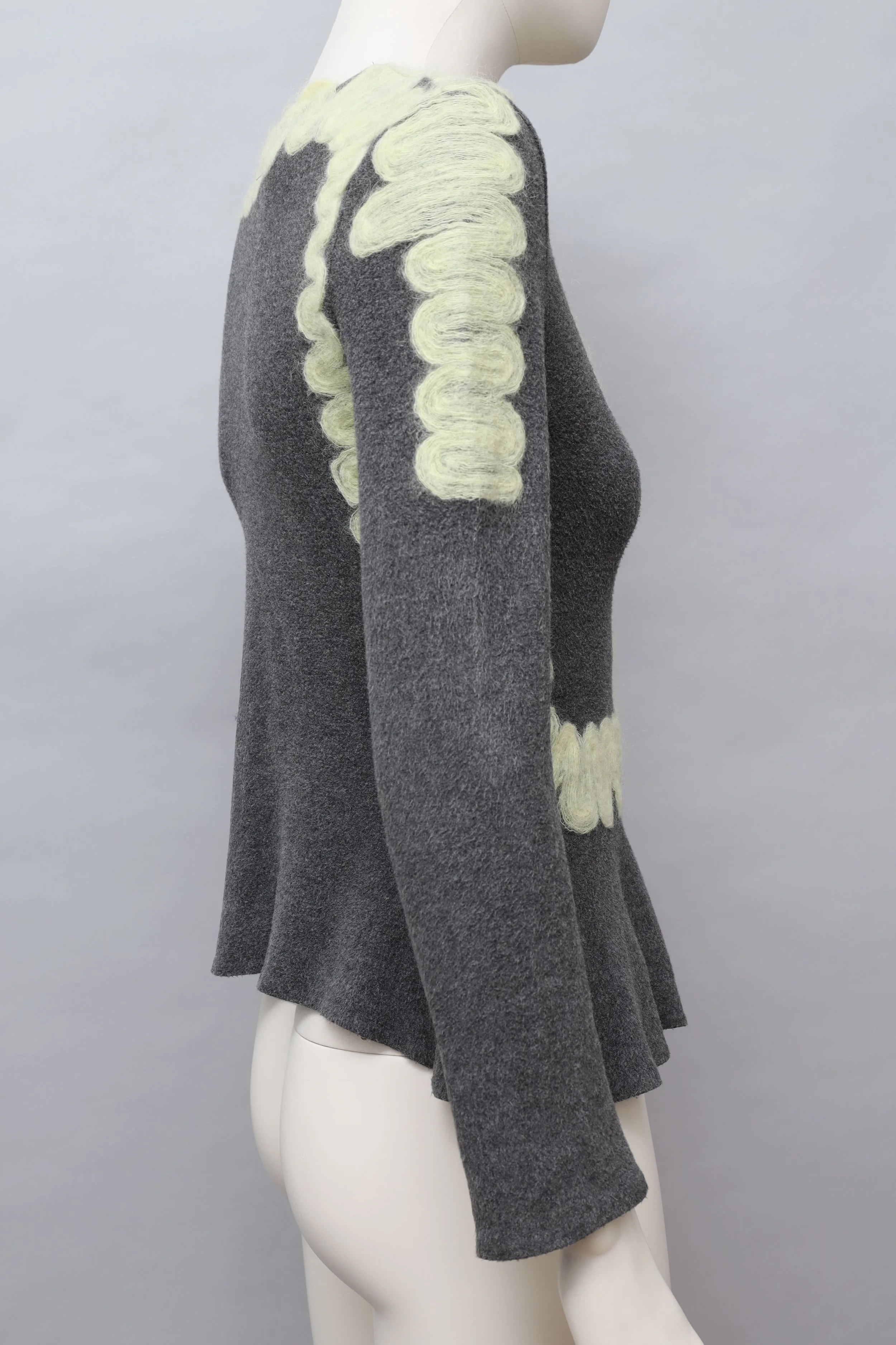 2000s Yoshiki Hishinuma gray fleece and pale yellow mohair embroidery peplum top