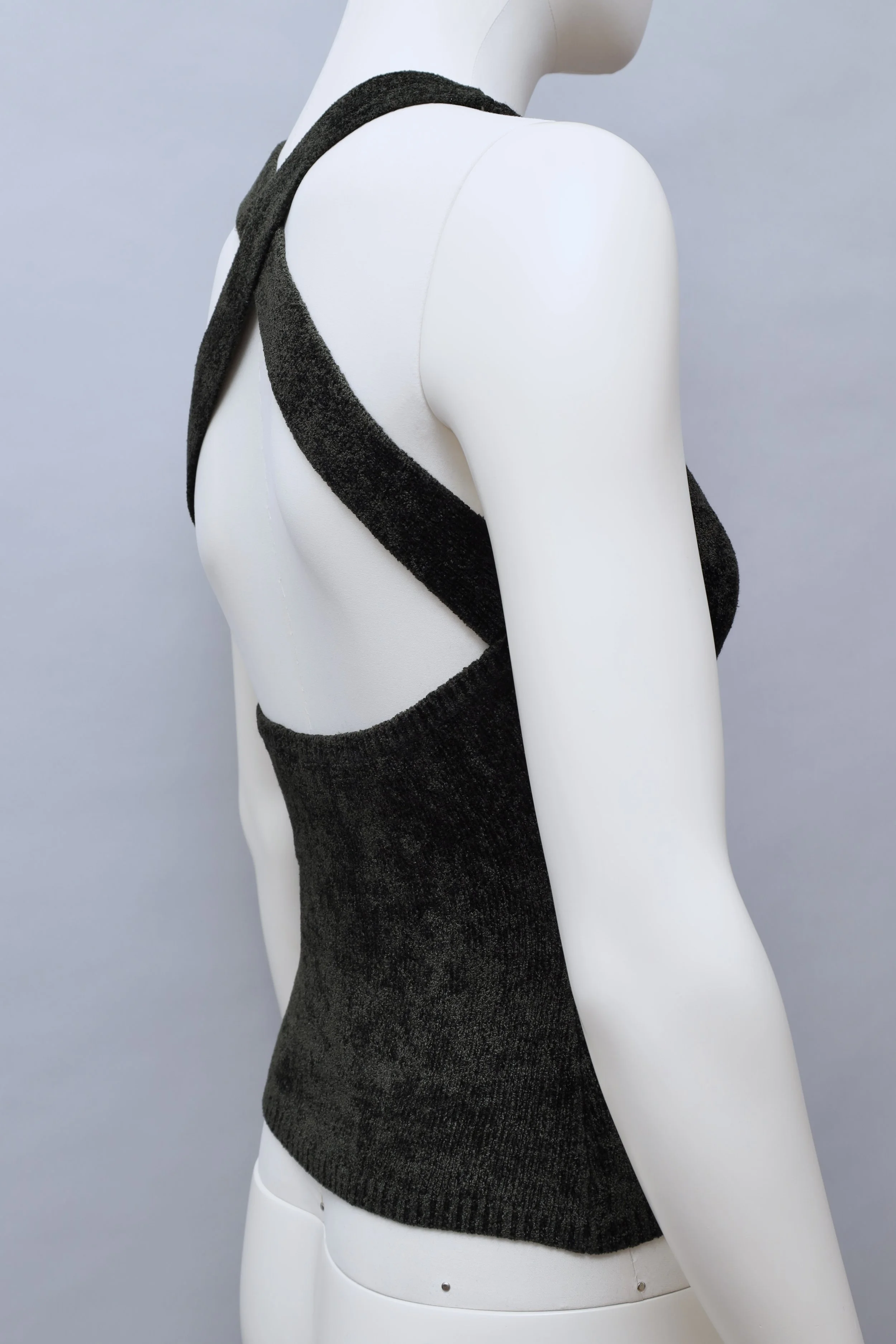 1990s Cacharel dark green chenille cross back top