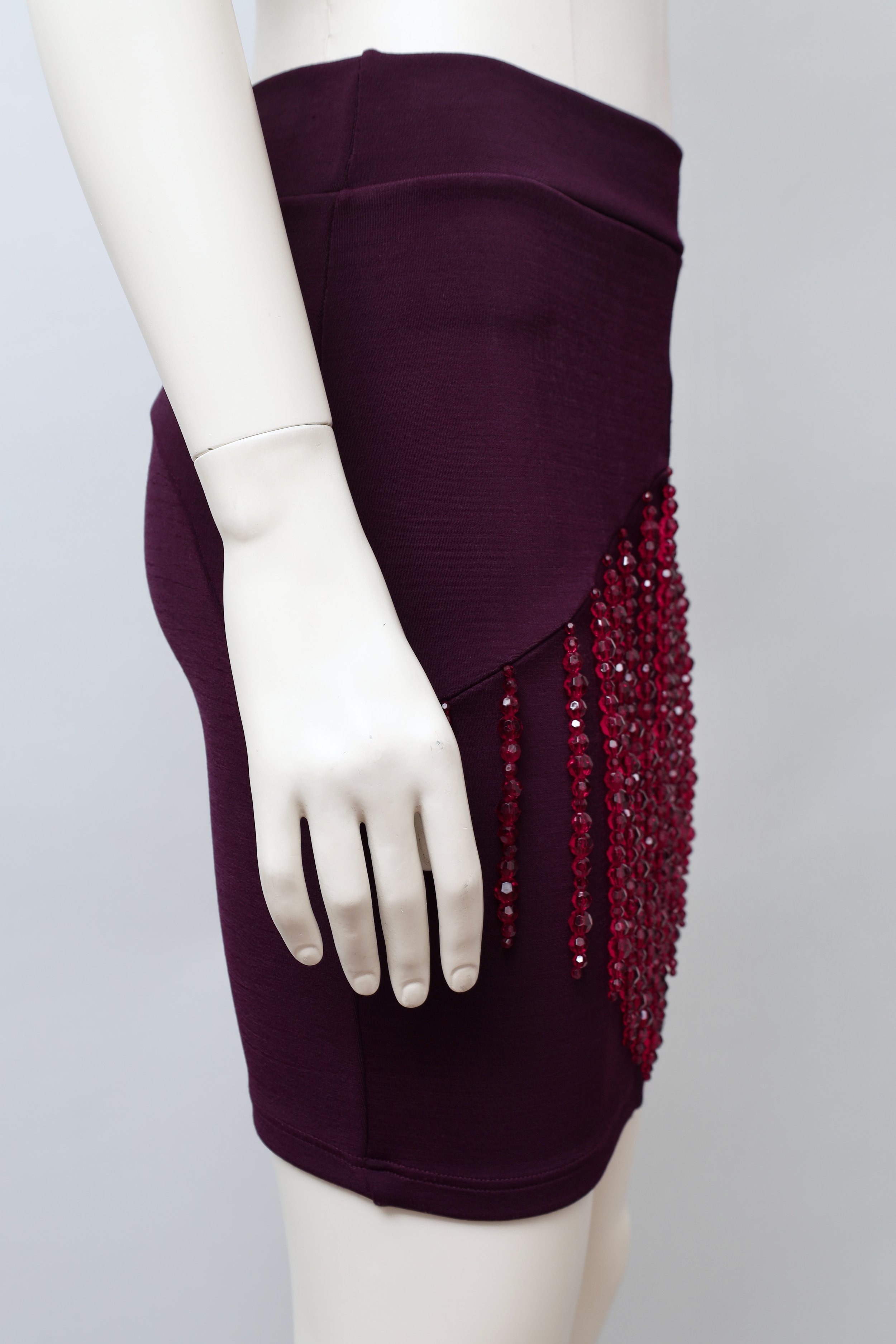 1990s Liza Bruce crystal bead fringed purple stretch mini skirt