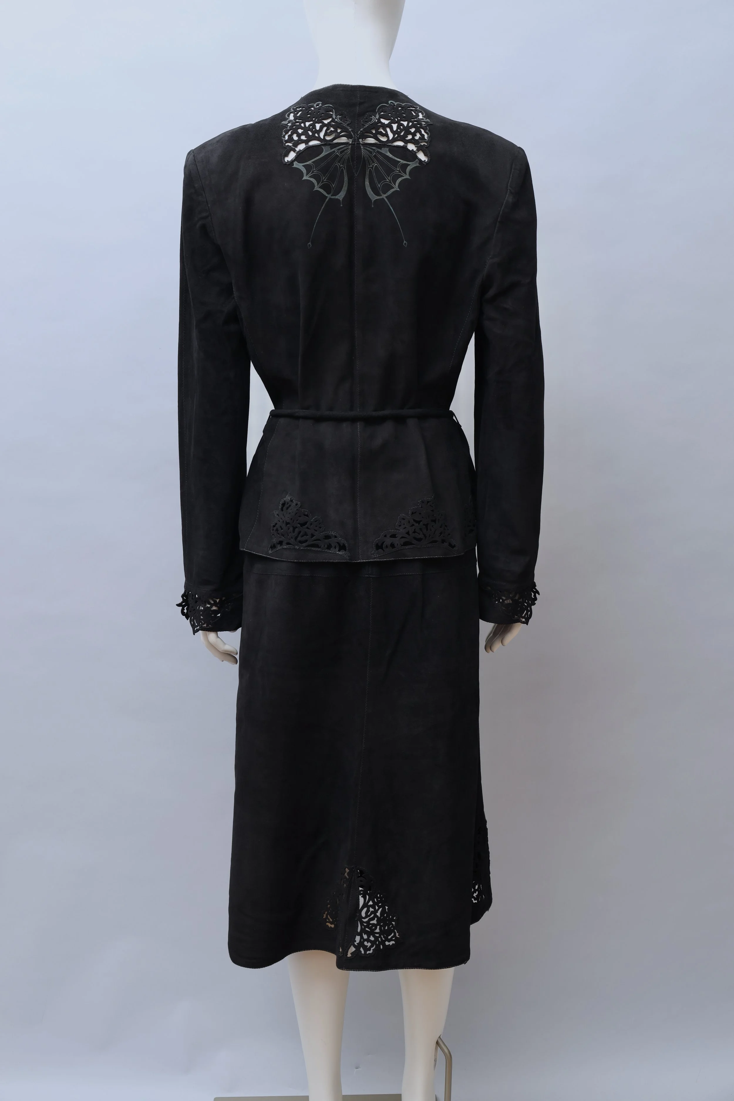 1970s Roberto Cavalli black butterfly laser cut suede ensemble