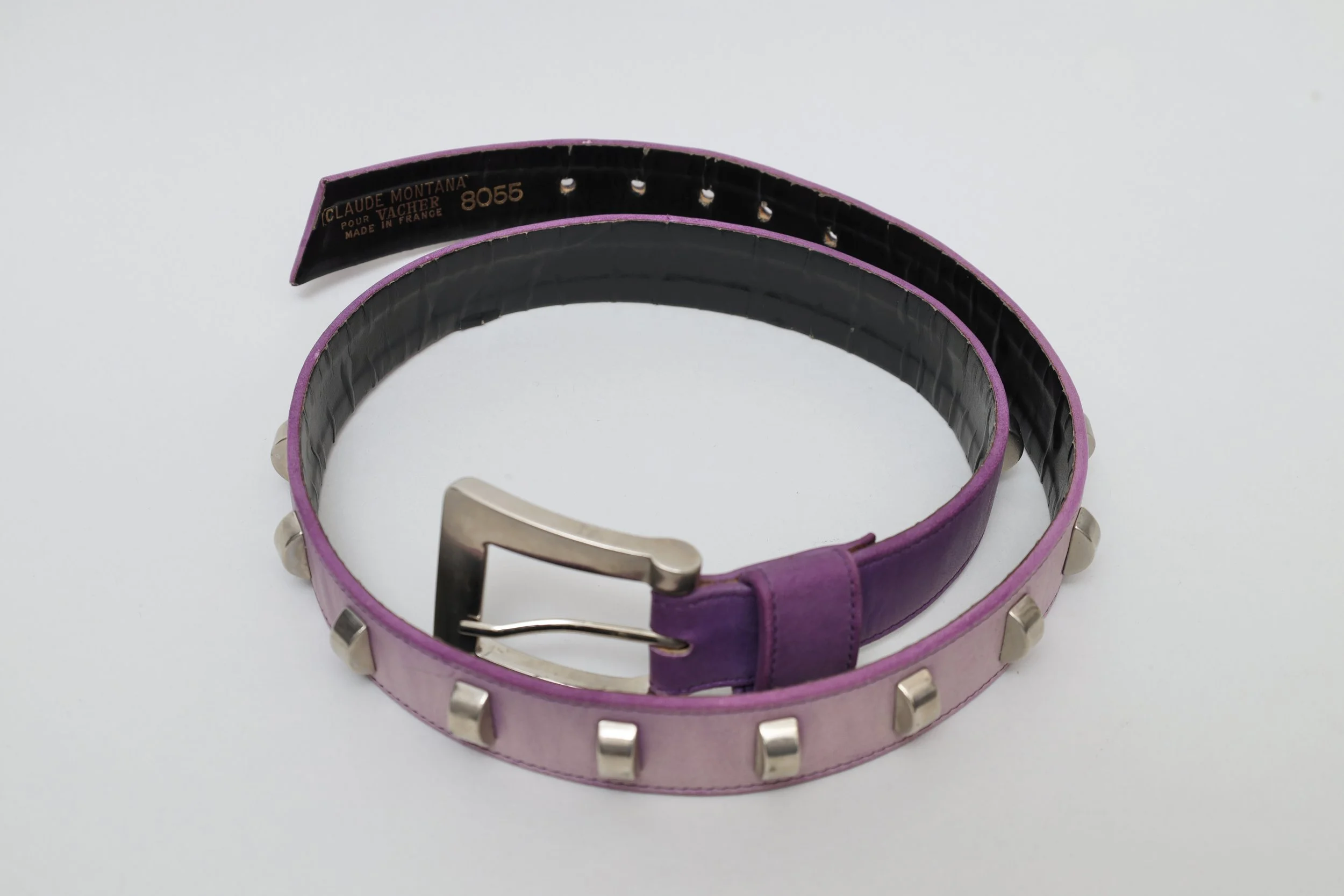 1980s Claude Montana pour Vacher studded lilac lambskin belt