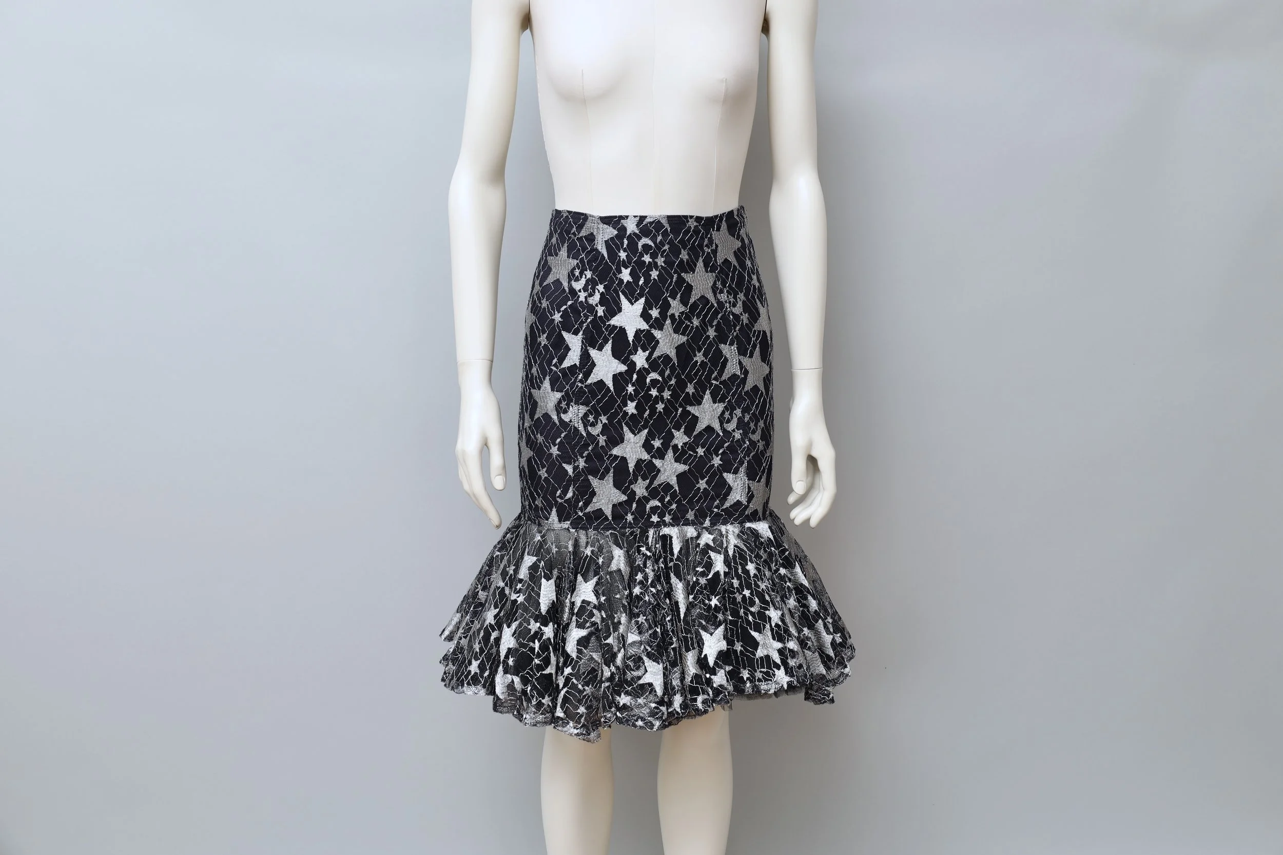 F/W 1986 Chantal Thomass midnight blue silver thread star lace tulle skirt