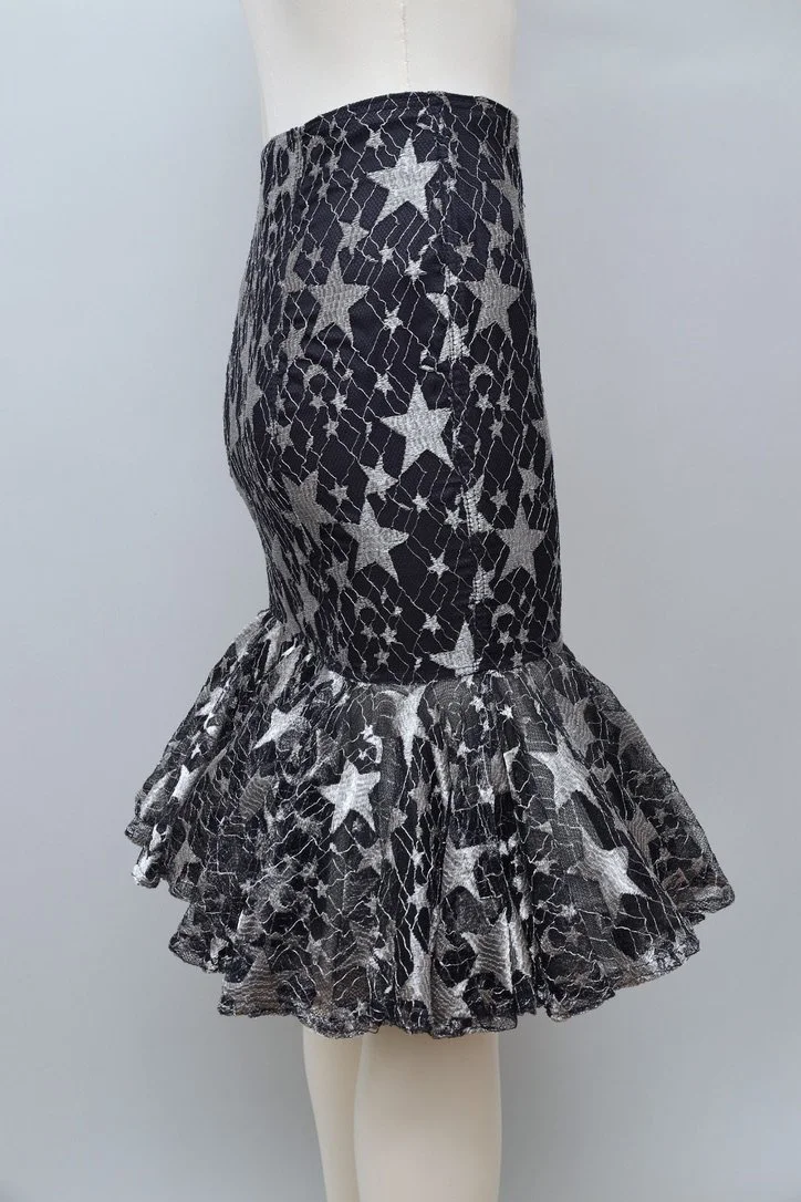 F/W 1986 Chantal Thomass midnight blue silver thread star lace tulle skirt