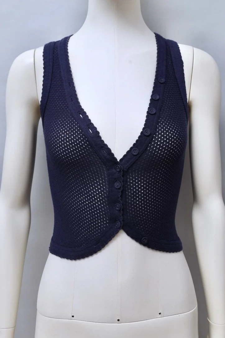 early 1970s Biba navy blue perforated cotton button up vest