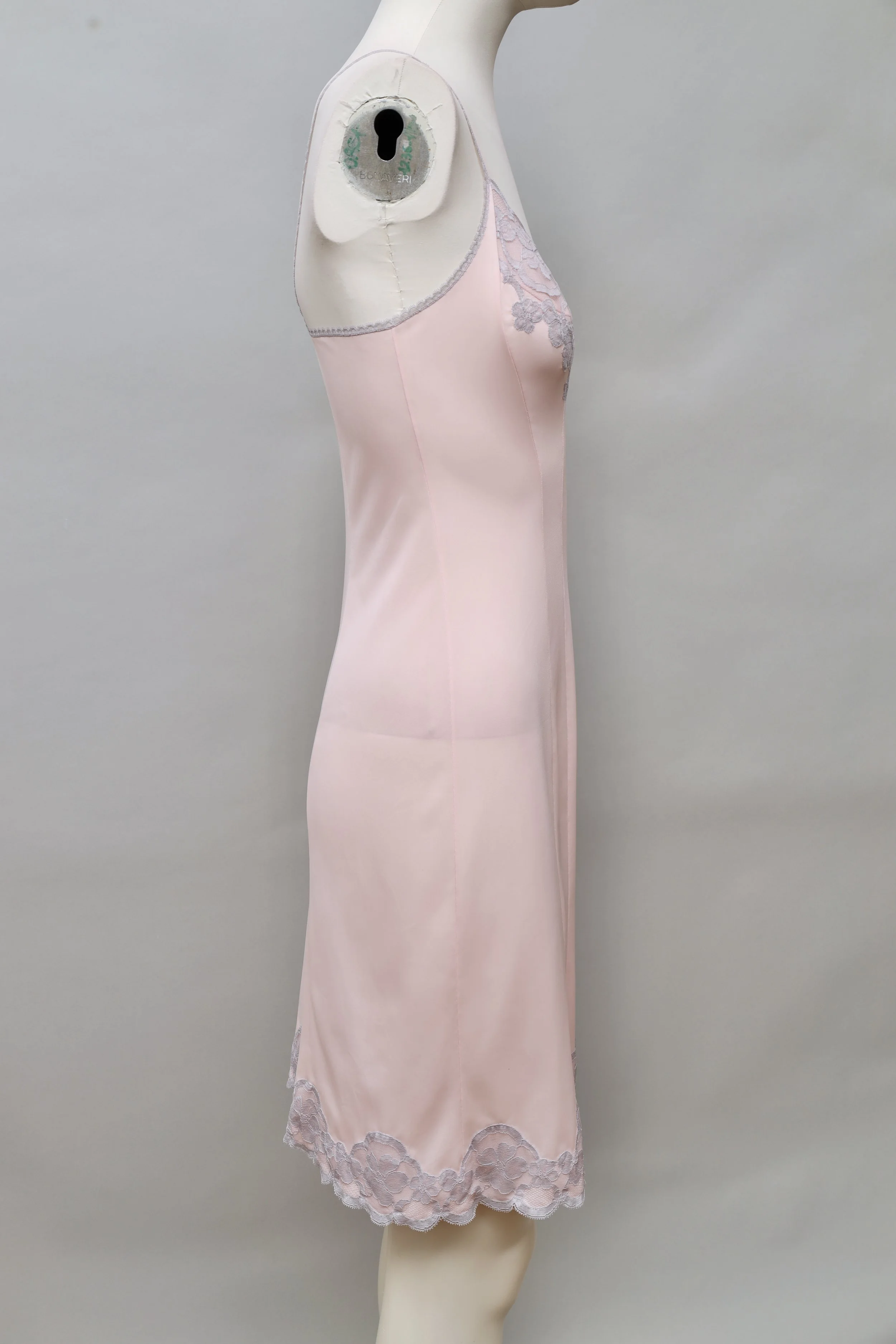 1960s deadstock Neyret Paris salmon rose nylon lace slip dress side
