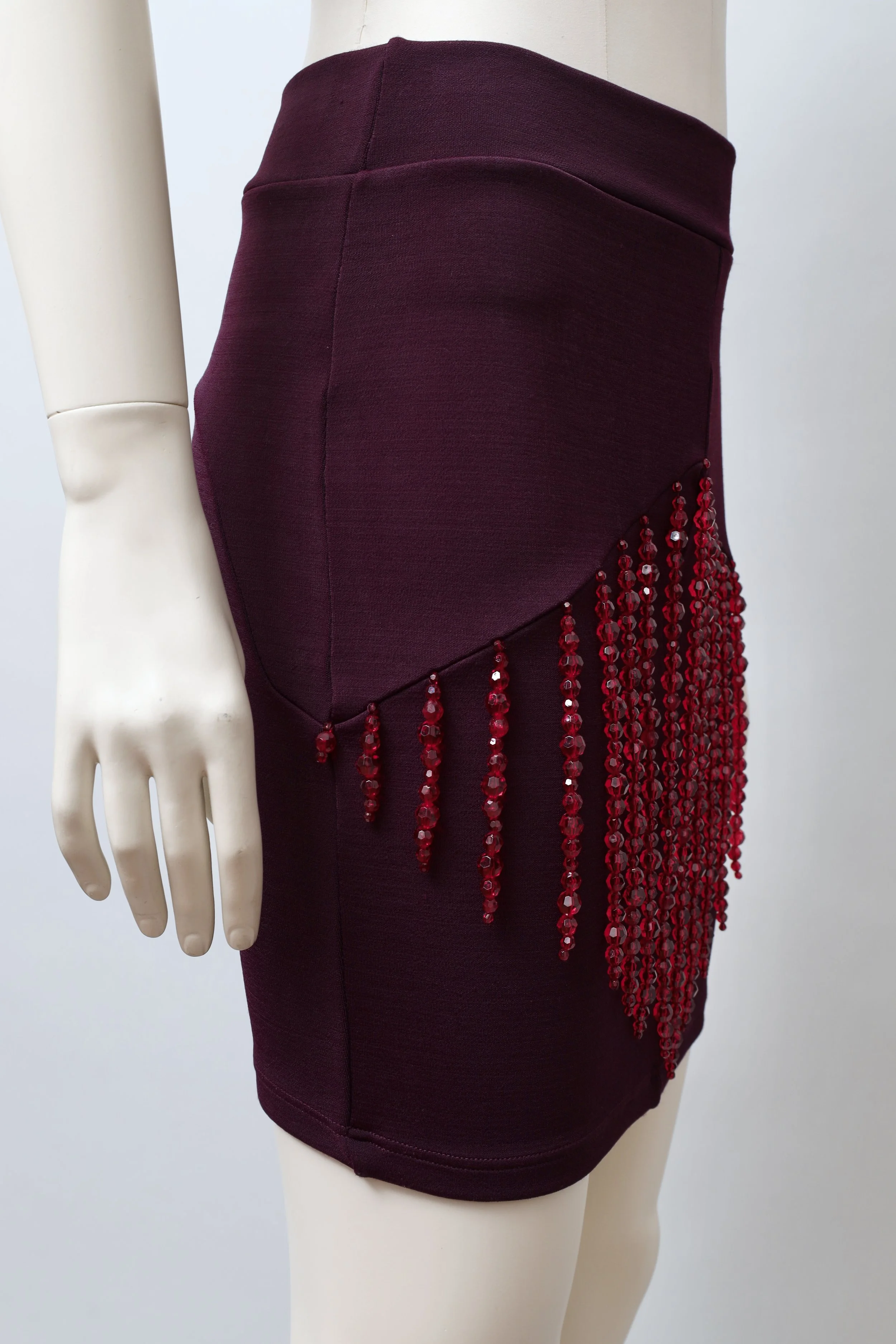 1990s Liza Bruce crystal bead fringed purple stretch mini skirt