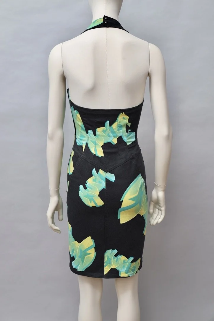 late 2000s Mugler green 2D graffiti print halterneck dress