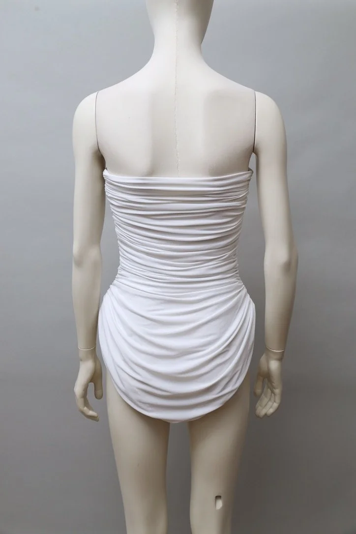 1980s Norma Kamali ruched white cascade bodysuit