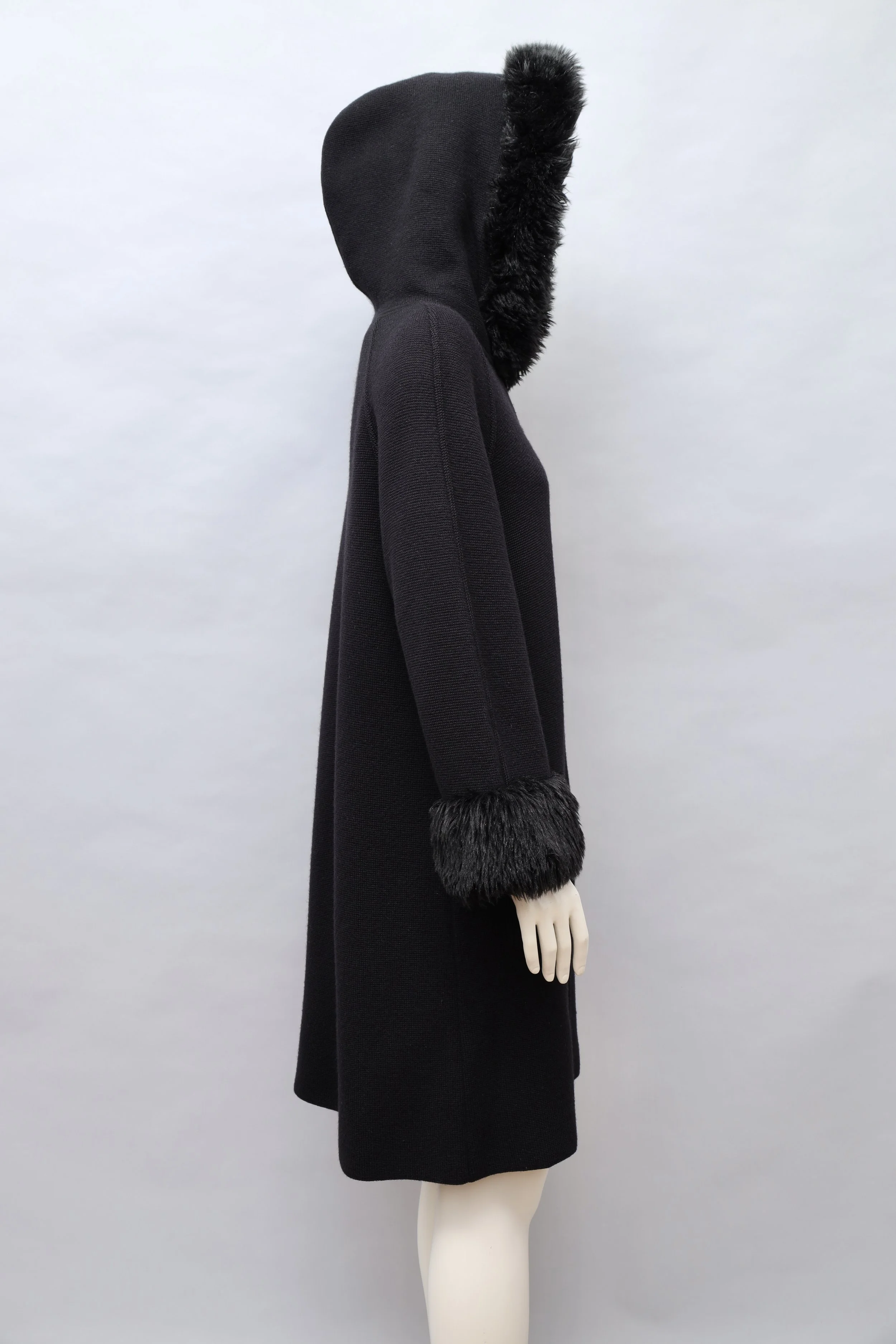 1980s Arlette Nastat black wool blend hooded coat with faux fur trim