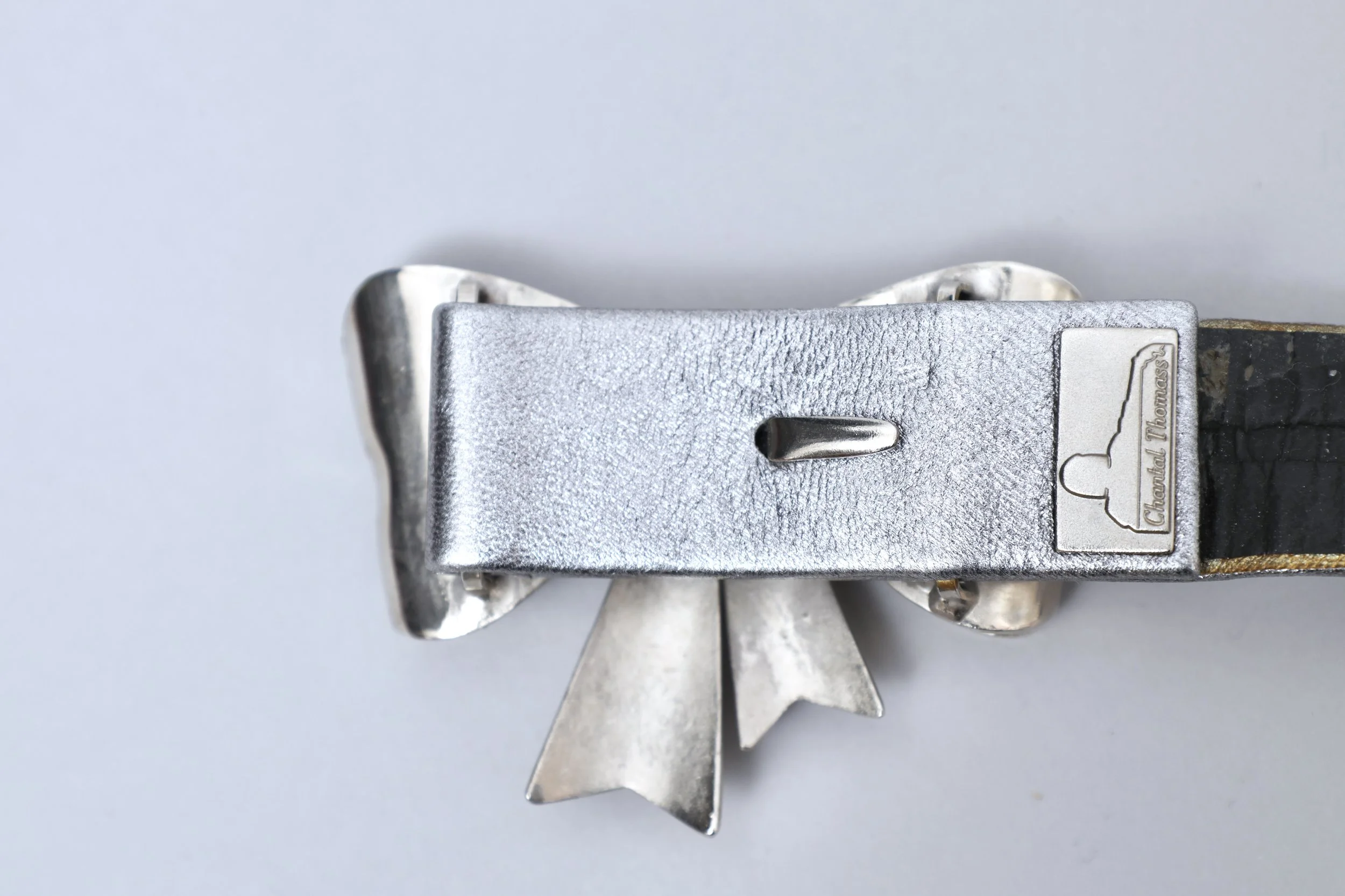 1980s Chantal Thomass silver bow faux leather waist belt