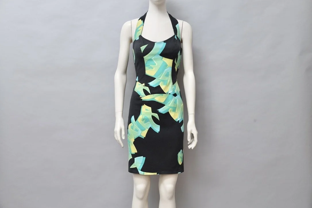 late 2000s Mugler green 2D graffiti print halterneck dress