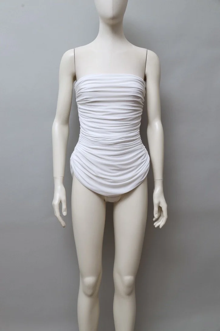 1980s Norma Kamali ruched white cascade bodysuit