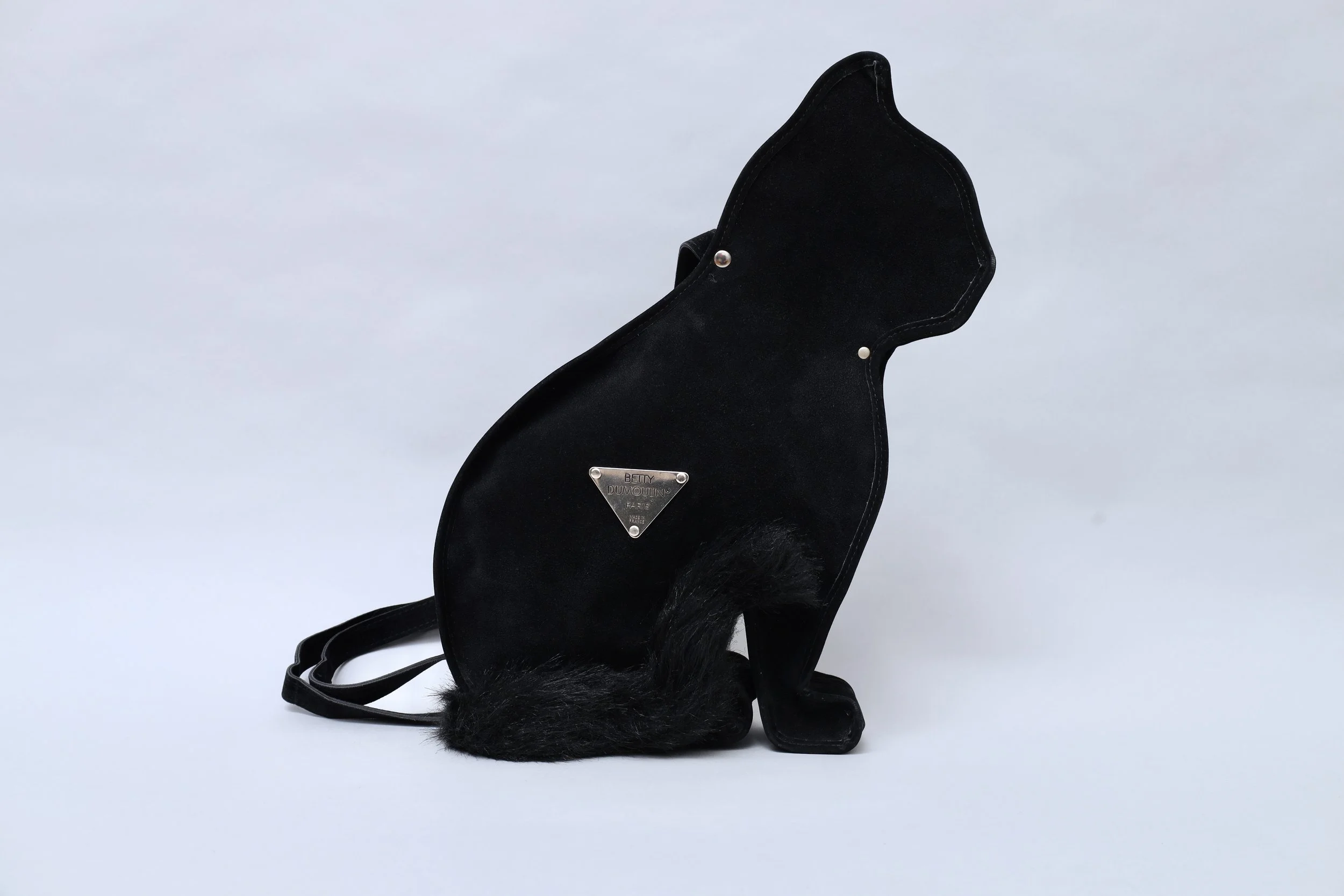 late 1980s / early 1990s Betty Dumoulin black suede cat handbag