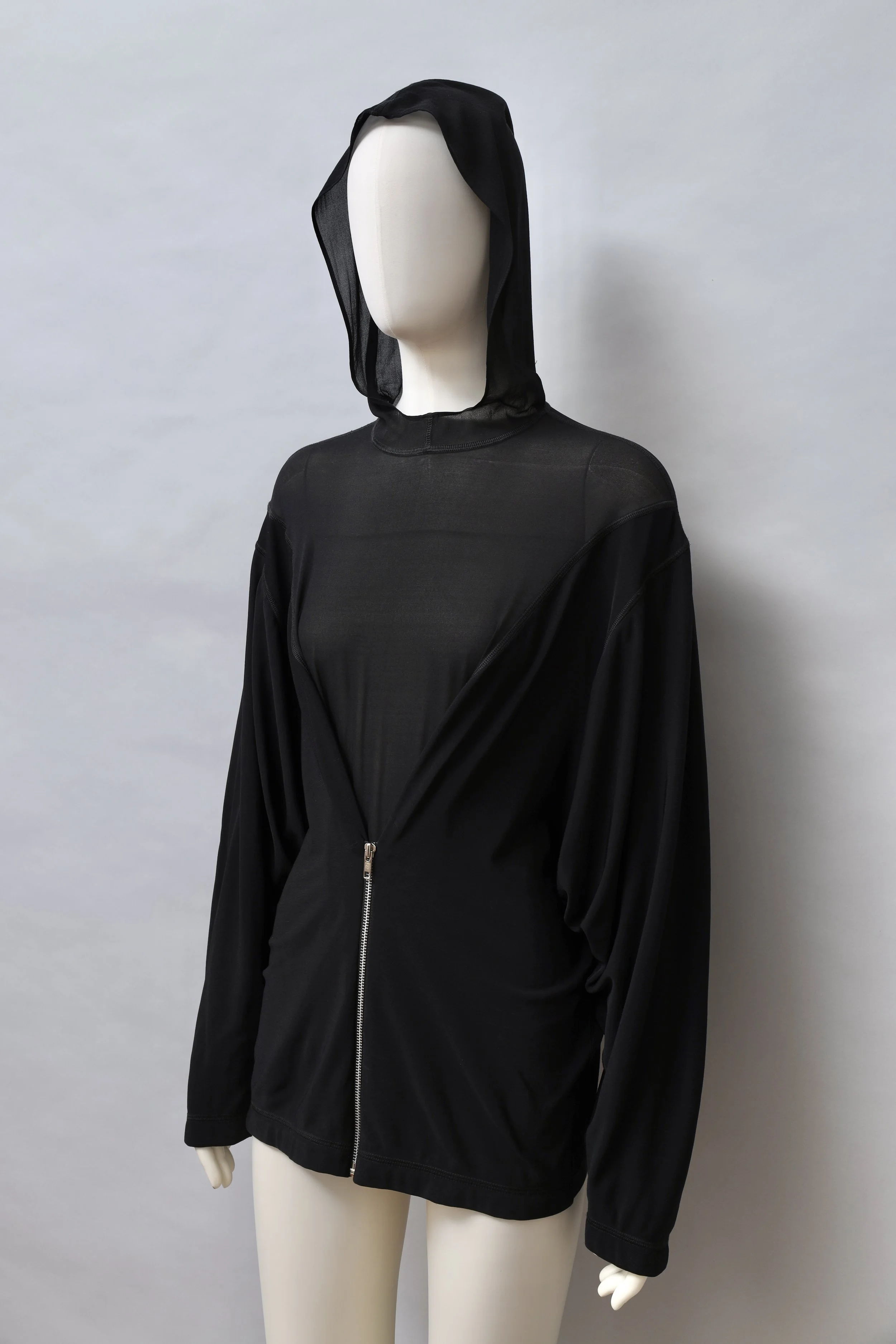 F/W 1990 Chantal Thomass black fleece jersey and silk muslin zip batwing hoodie