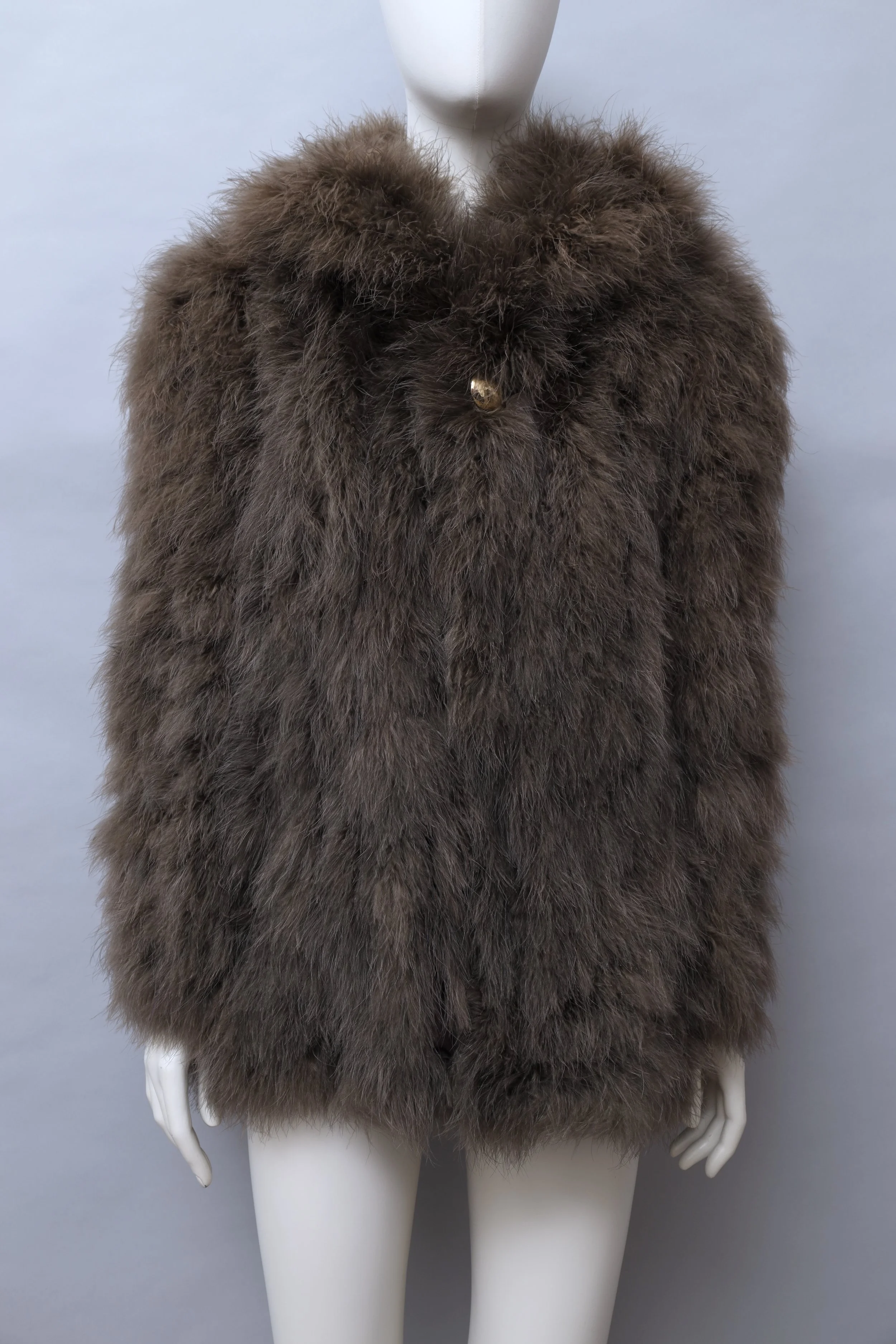 early 1980s Chantal Thomass taupe marabou feather coat with gold button