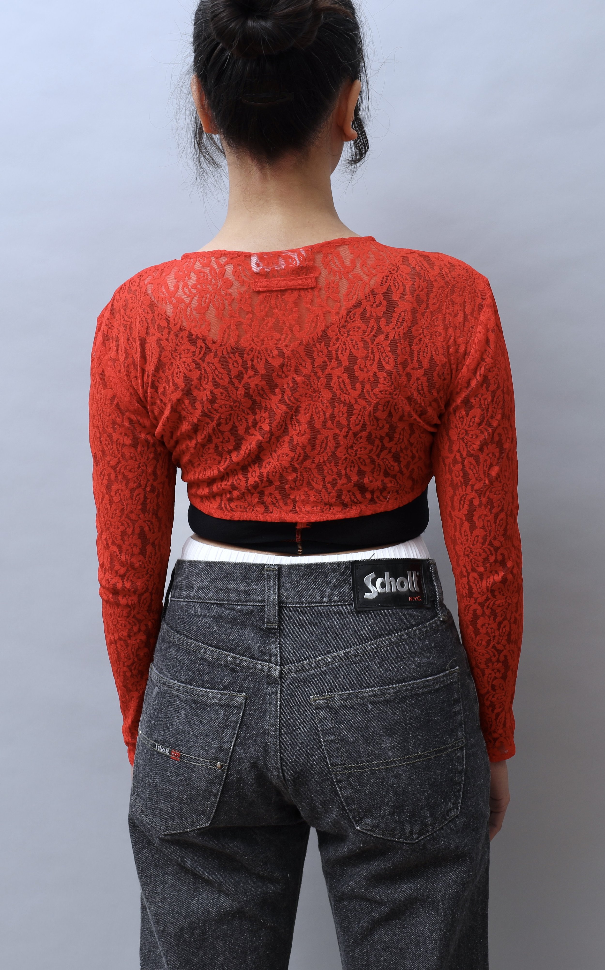 S/S 1985 Jean Paul Gaultier bright red lace cropped cardigan