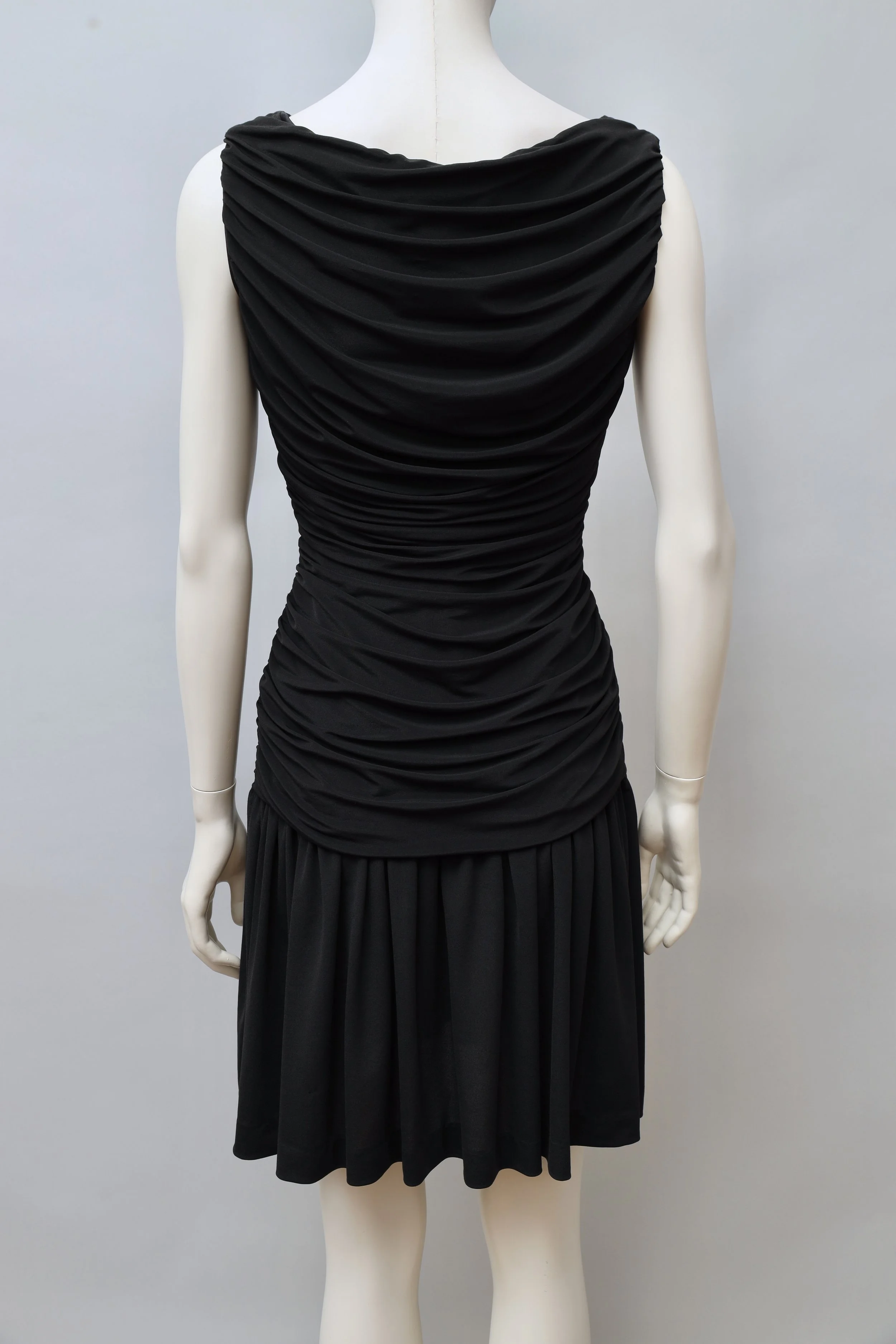 S/S 1990 Norma Kamali ruched black stretch mini dress