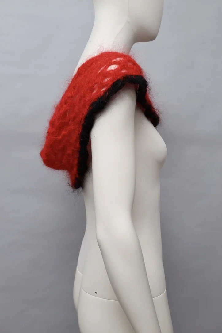 Vintage French red and black loose knit mohair shawl