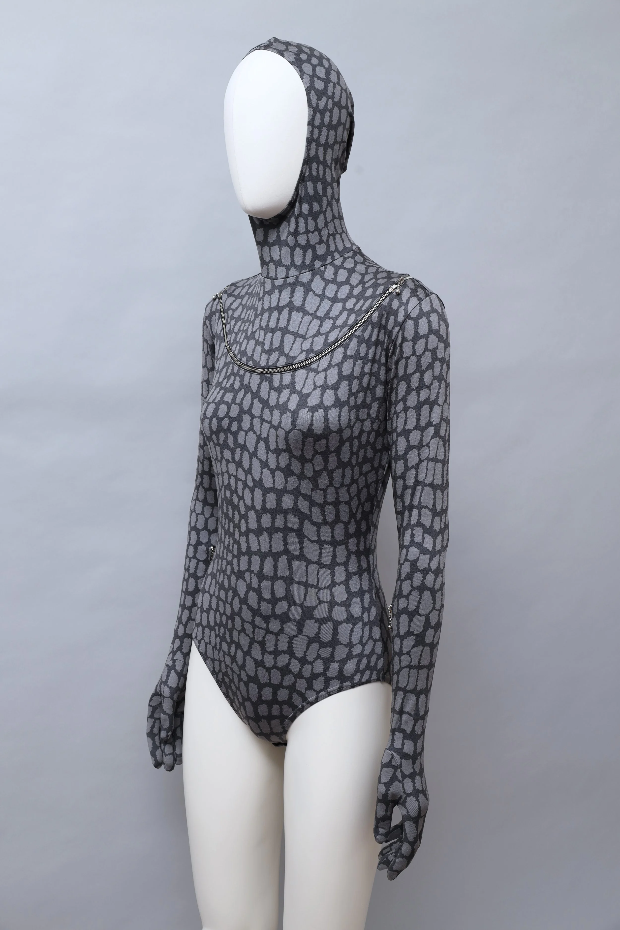 F/W 1992 Chantal Thomass gray crocodile print zip hooded bodysuit