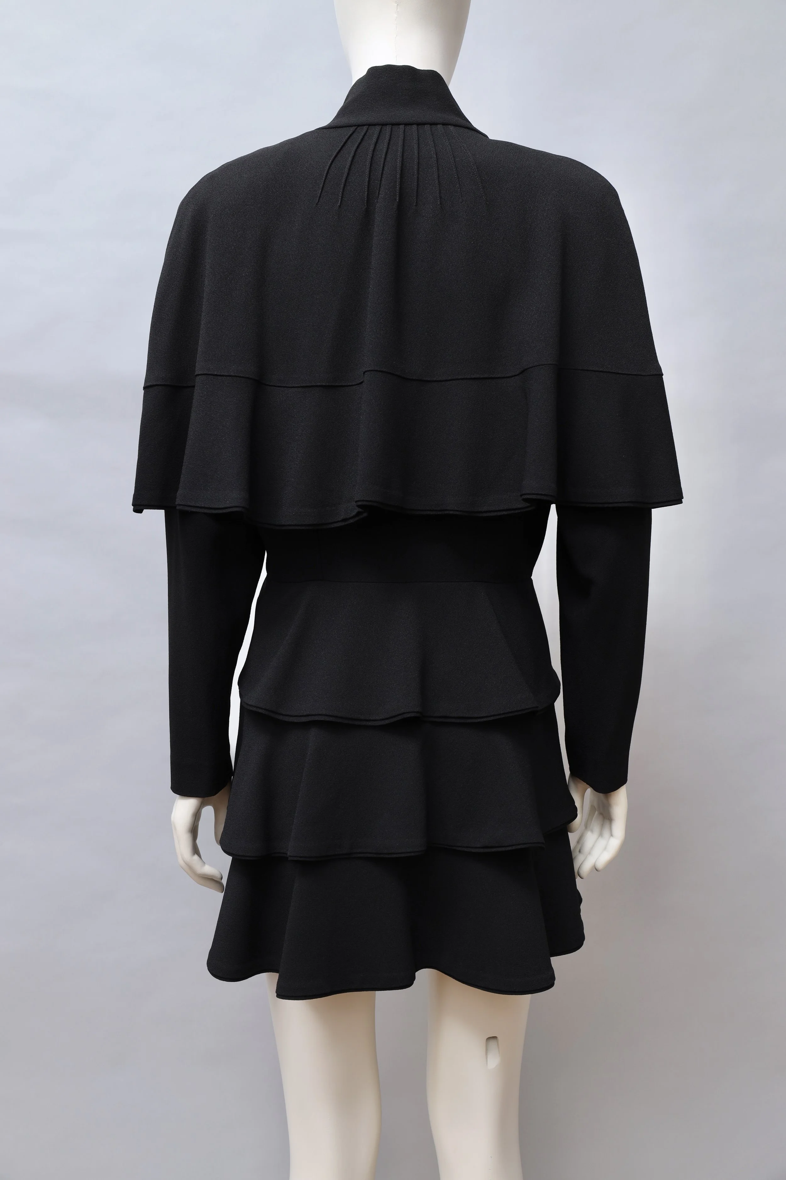 S/S 1988 Norma Kamali black tiered pussy bow over-dress