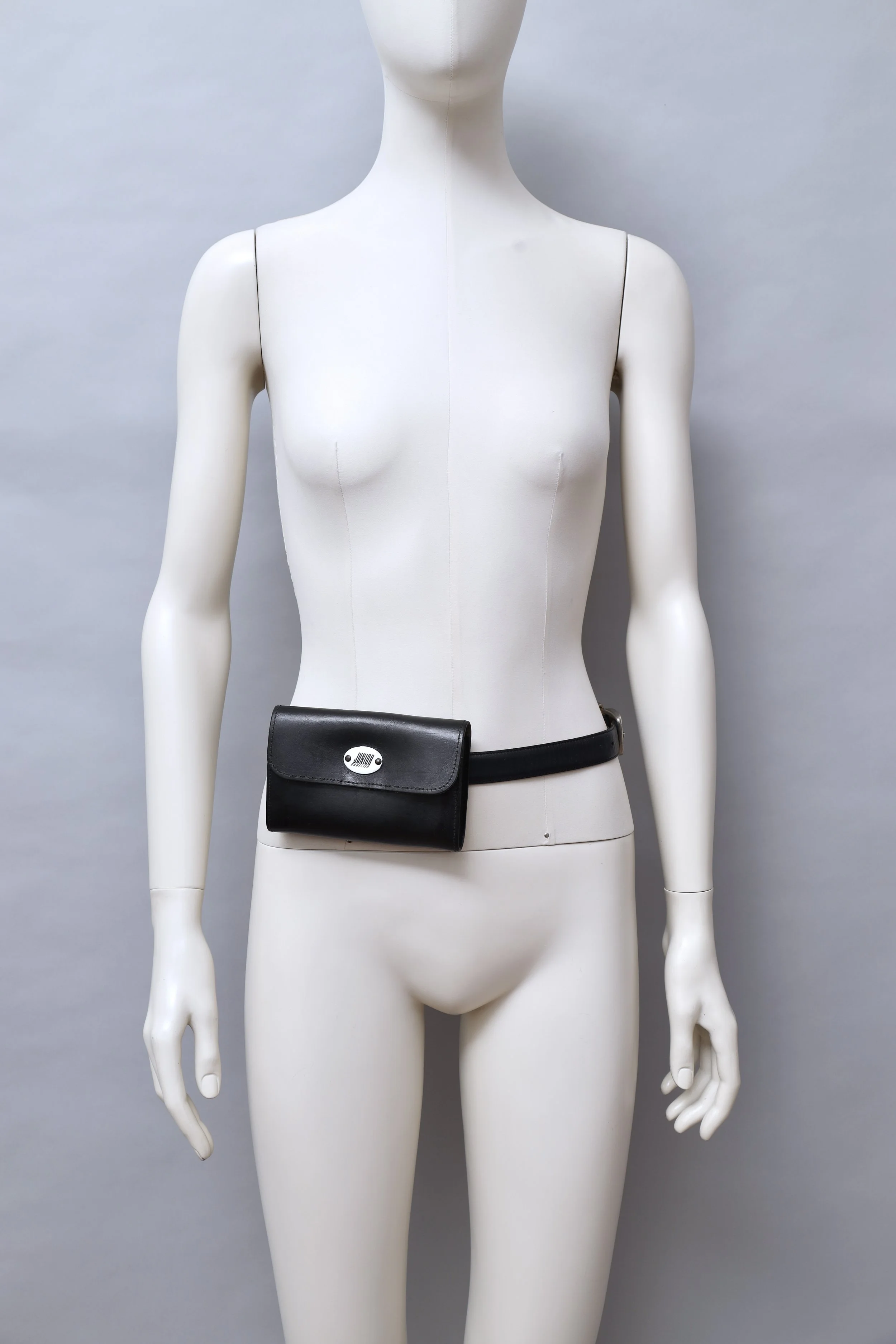 1980s Junior Gaultier enamel tag black leather belt loop wallet