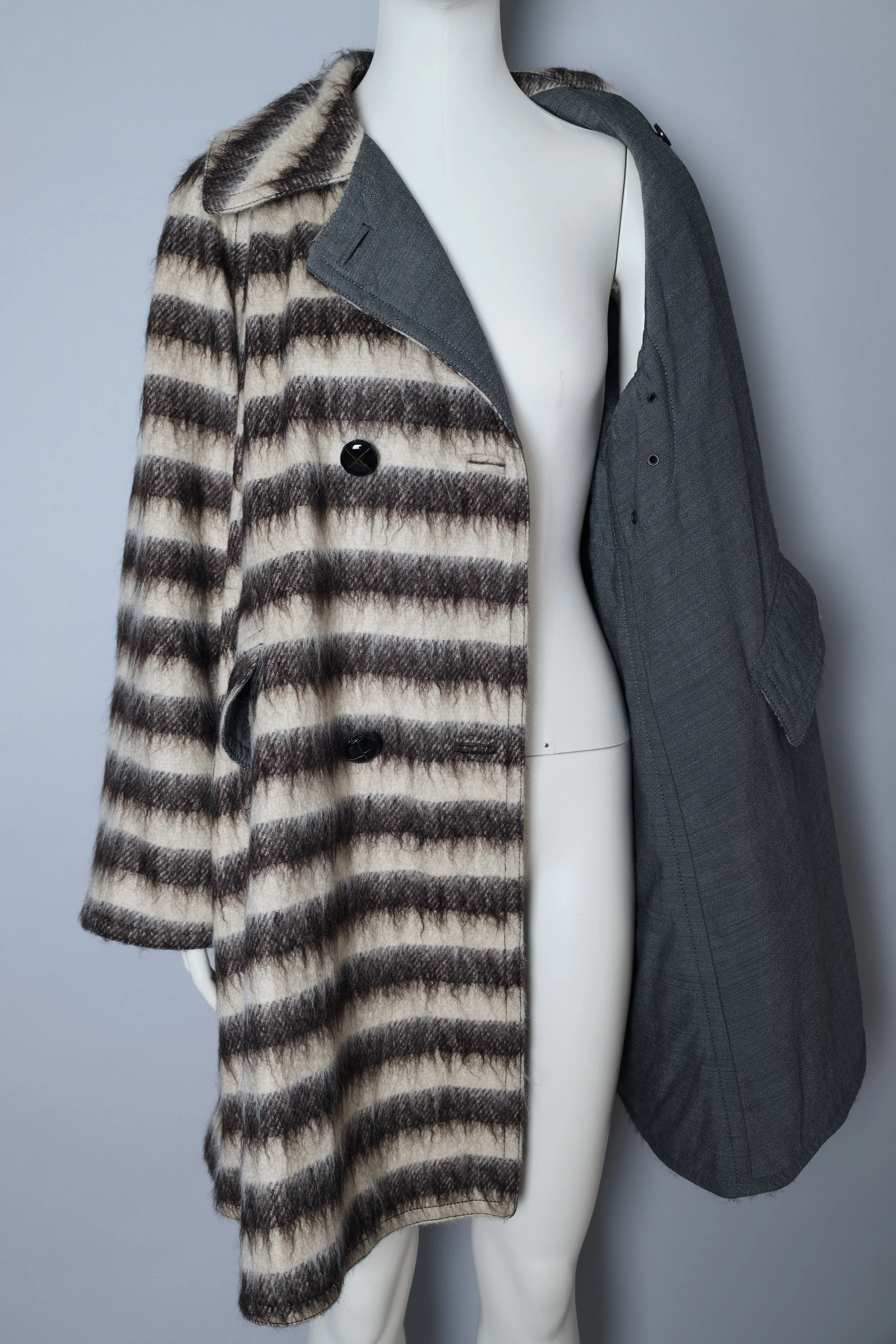 1990s Jean Paul Gaultier Femme reversible striped mohair trench coat