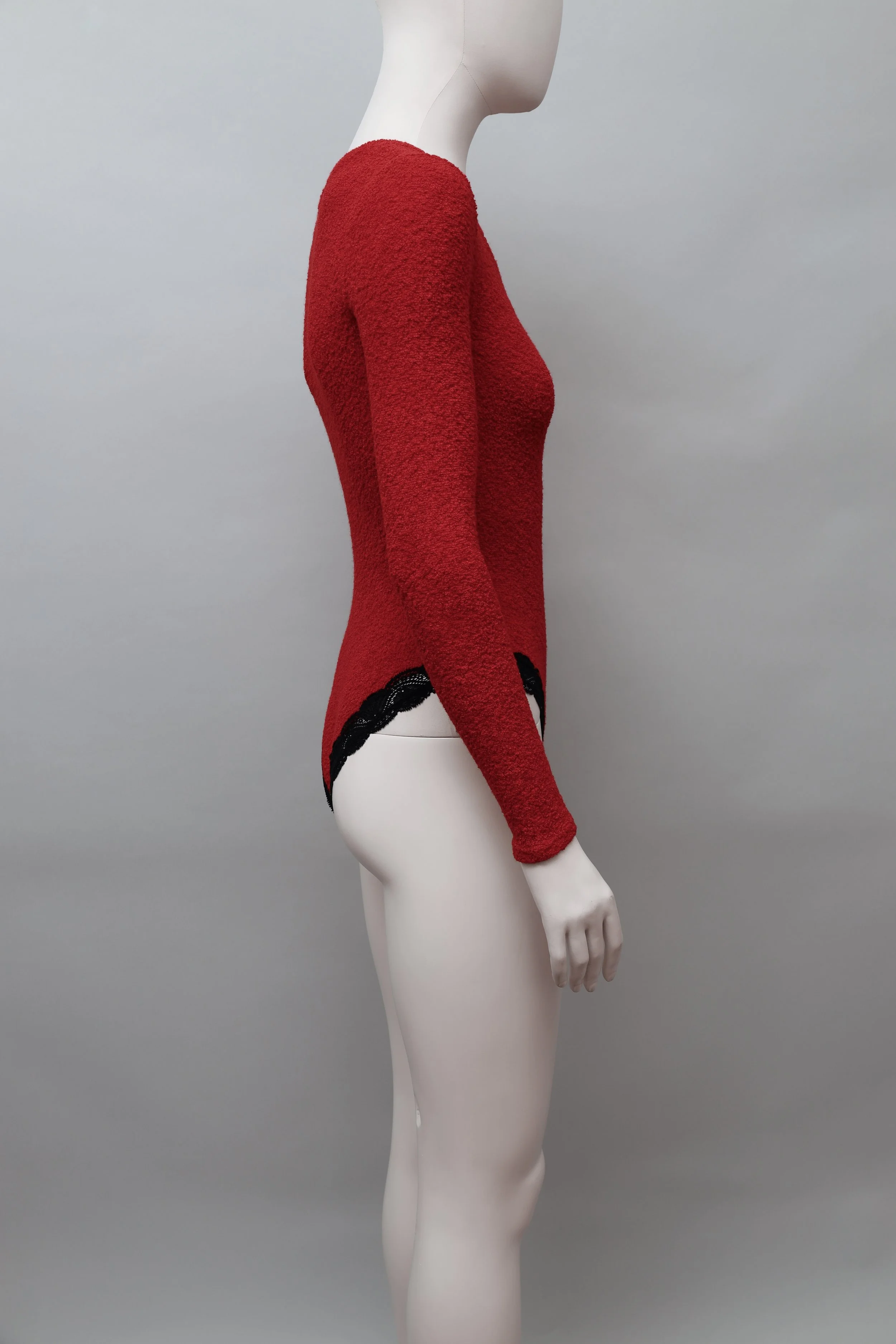 1990s Georges Rech red terry and black lace trim bodysuit
